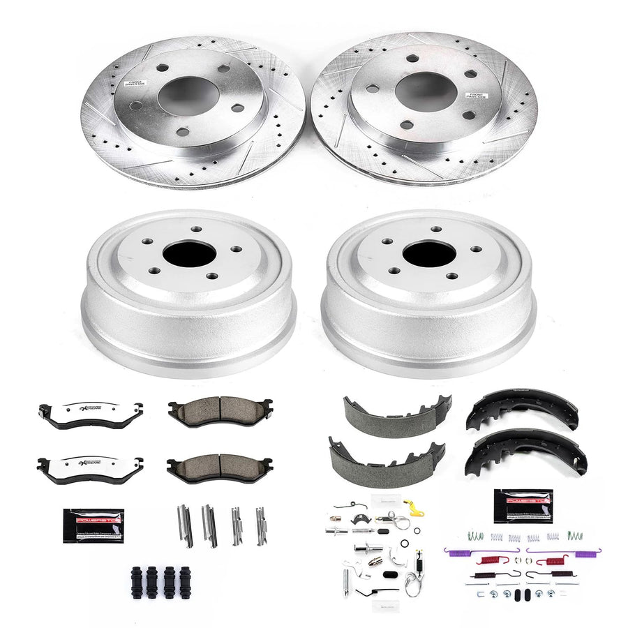Power Stop Brake Kit Front and Rear For 2000 2001 Dodge Ram 1500 - Truck & Tow Carbon Fiber Ceramic Pads, Drums, & Drilled and Slotted Rotors Replacement, K15165DK-36