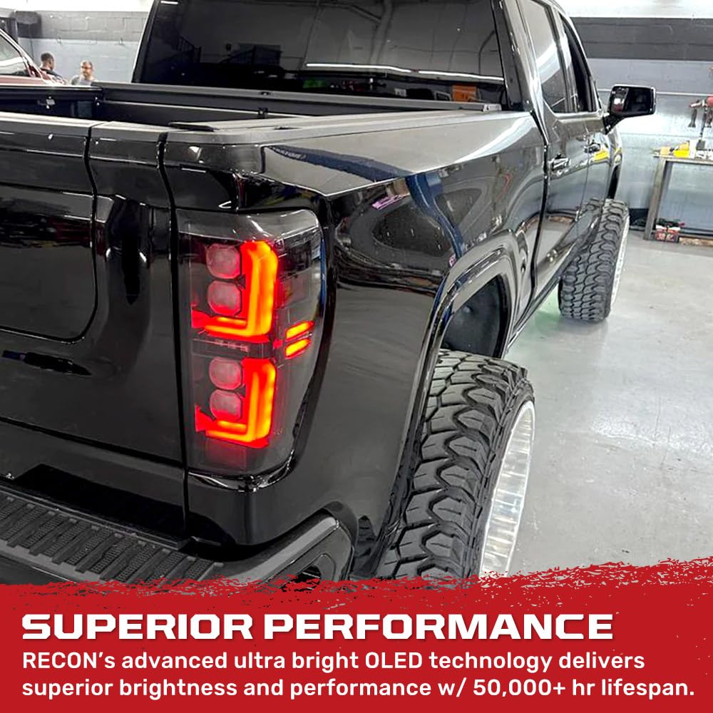 RECON - Ultra Bright Premium OLED Tail Lights Fits 19-25 Sierra 1500 & 20-23 Sierra 2500, 3500 Sleek Running Lights Startup Light Sequence (Replaces Factory/OEM LED) (SMOKED LENS)