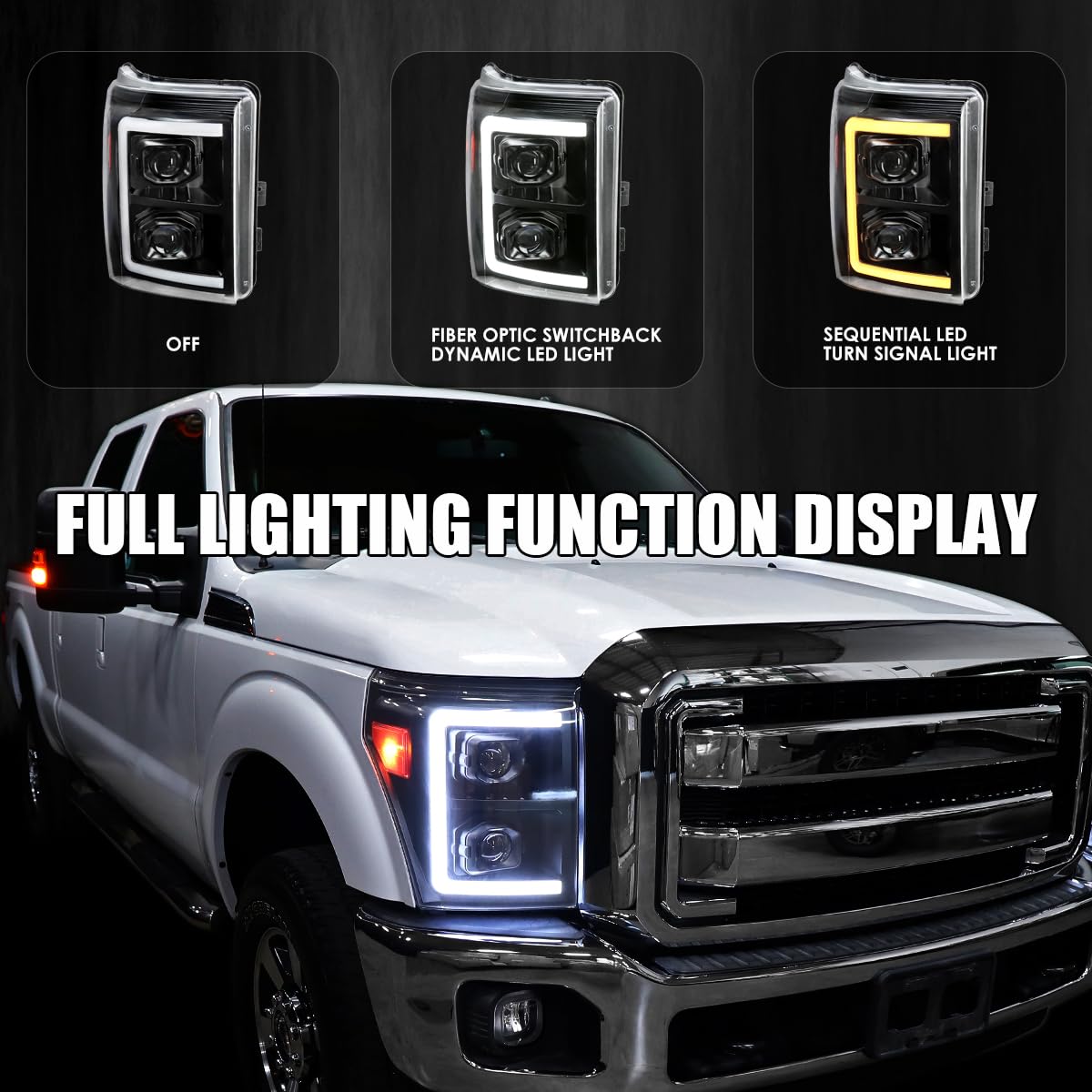 Black SPEC-D TUNING Projector Headlights w/Switchback Sequential LED Bar and Startup Animation Compatible with 2011-2016 Ford F250, F350, F450, F550 Super Duty, Left + Right Pair Headlamps Assembly