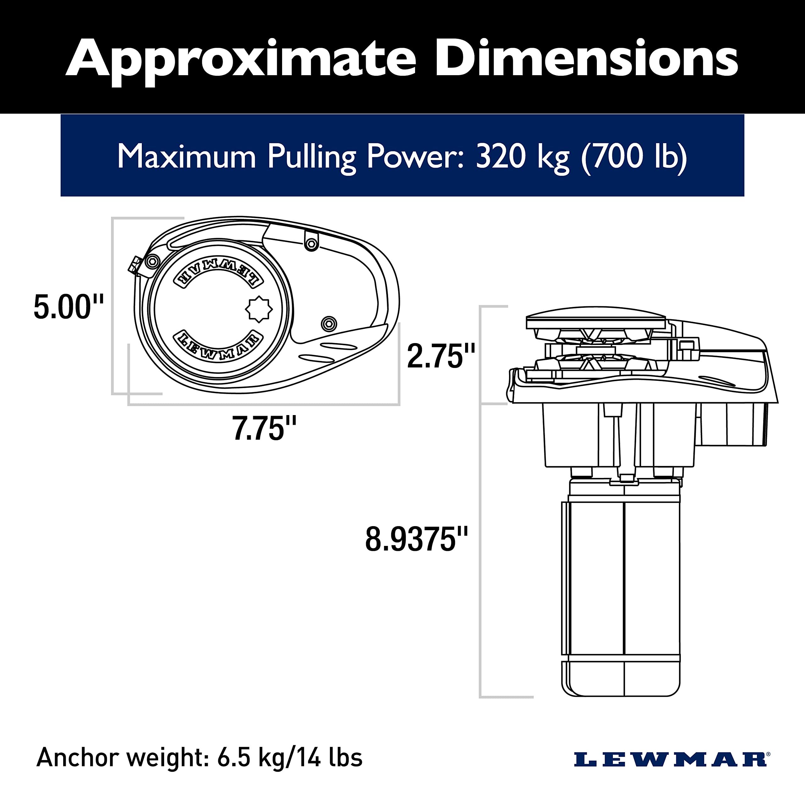 Lewmar 12V V700 Vertical Windlass for 1/4" G4 Chain, Fall Safe Gypsy, Maximum pull 700 lbs., 316 Stainless Steel Construction, IP67 Rated Housing, For Powerboats and Sailboats 20'-30' - 2020201176