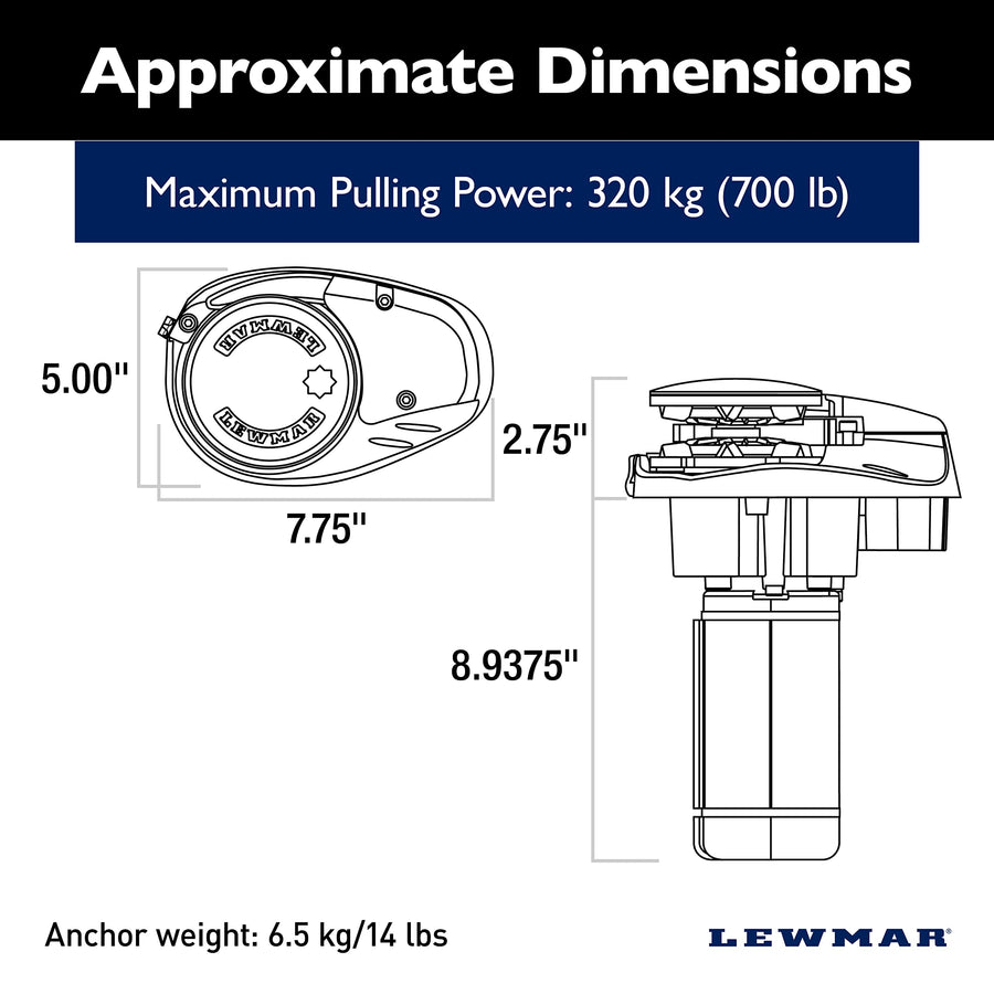 Lewmar 12V V700 Vertical Windlass for 1/4" G4 Chain, Fall Safe Gypsy, Maximum pull 700 lbs., 316 Stainless Steel Construction, IP67 Rated Housing, For Powerboats and Sailboats 20'-30' - 2020201176