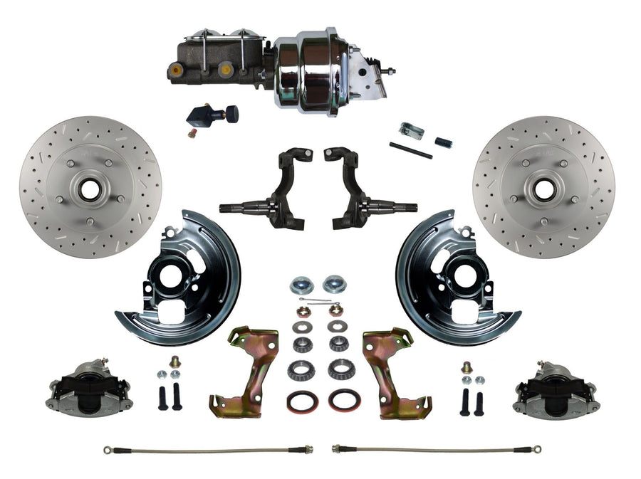 Power Front Disc Brake Conversion Kit LEED BRAKES Cross Drilled And Slotted Rotors With 7" Dual Chrome Booster Cast Iron Chrome Top M/C Adjustable Proportioning Valve