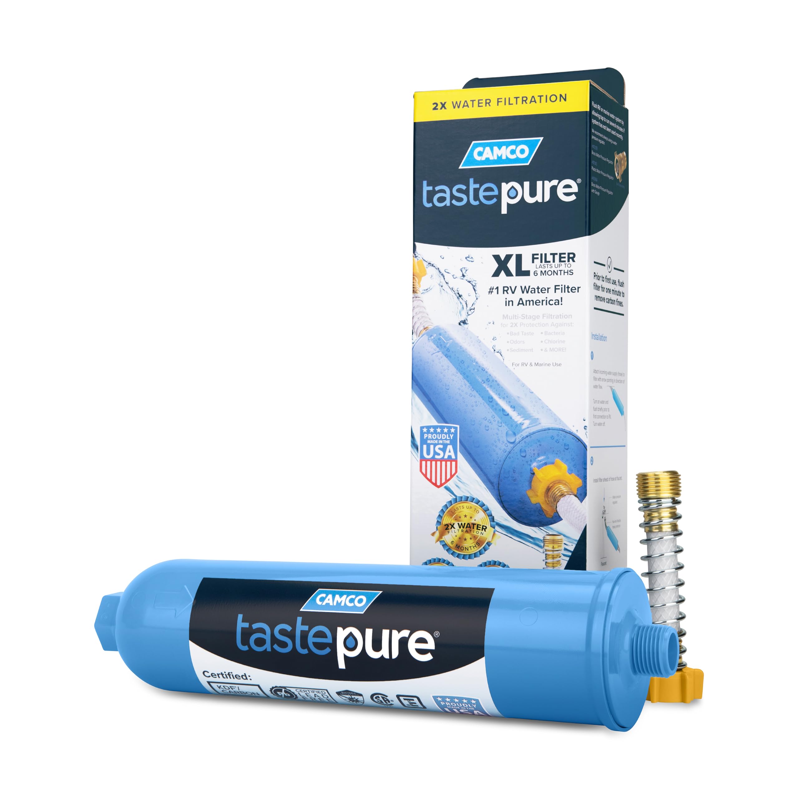 Camco XL Tastepure RV Water Filter - Reliable Inline Water Filter with Flexible Hose Protector - GAC & KDF Water Filtration - Made in USA - Camping Essentials for Fresh Drinking Water (40019)