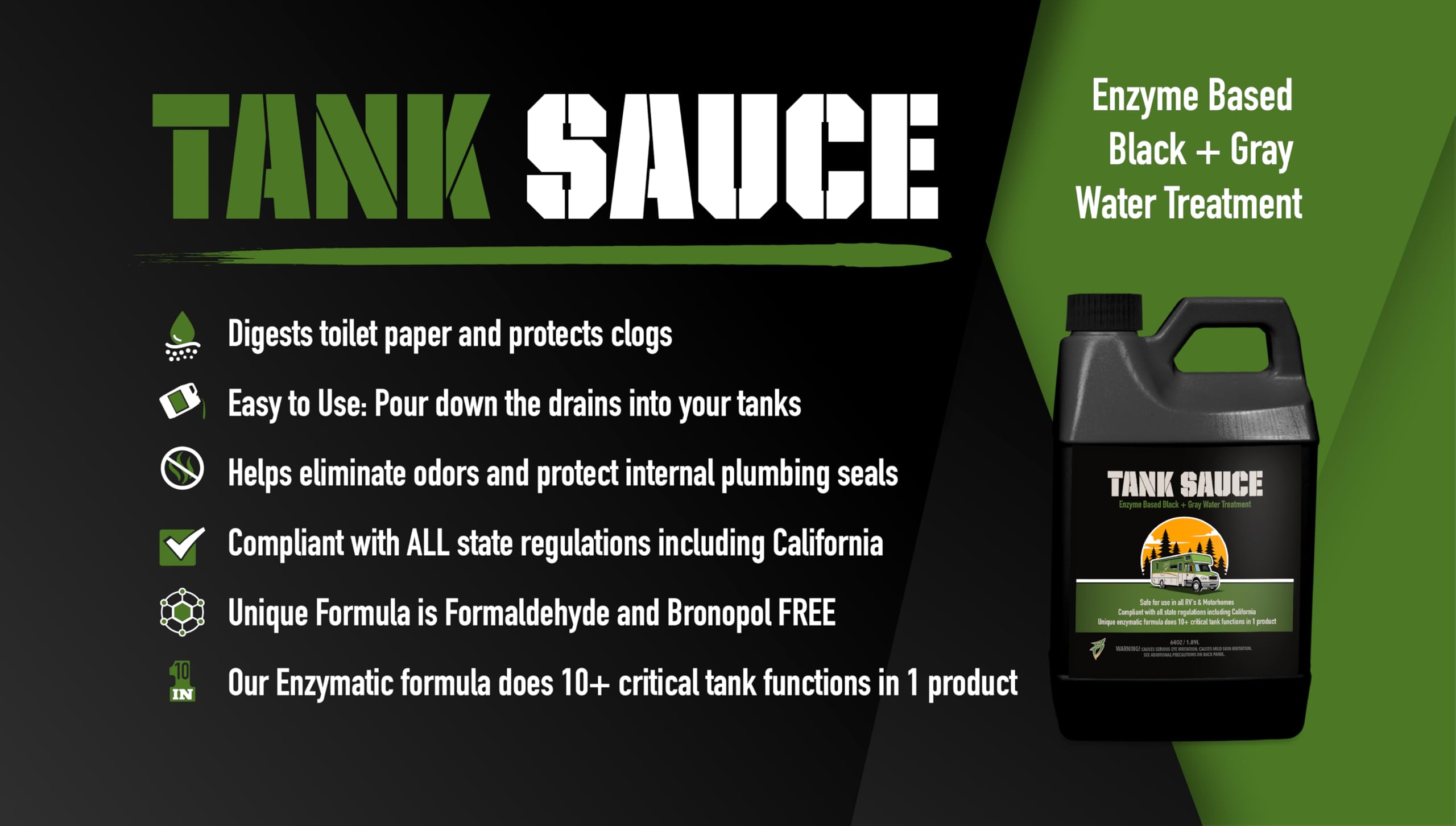 Bling Sauce Tank Sauce, Black and Gray Enzyme Based Water Treatment for RVs and Motorhomes, 64 oz.