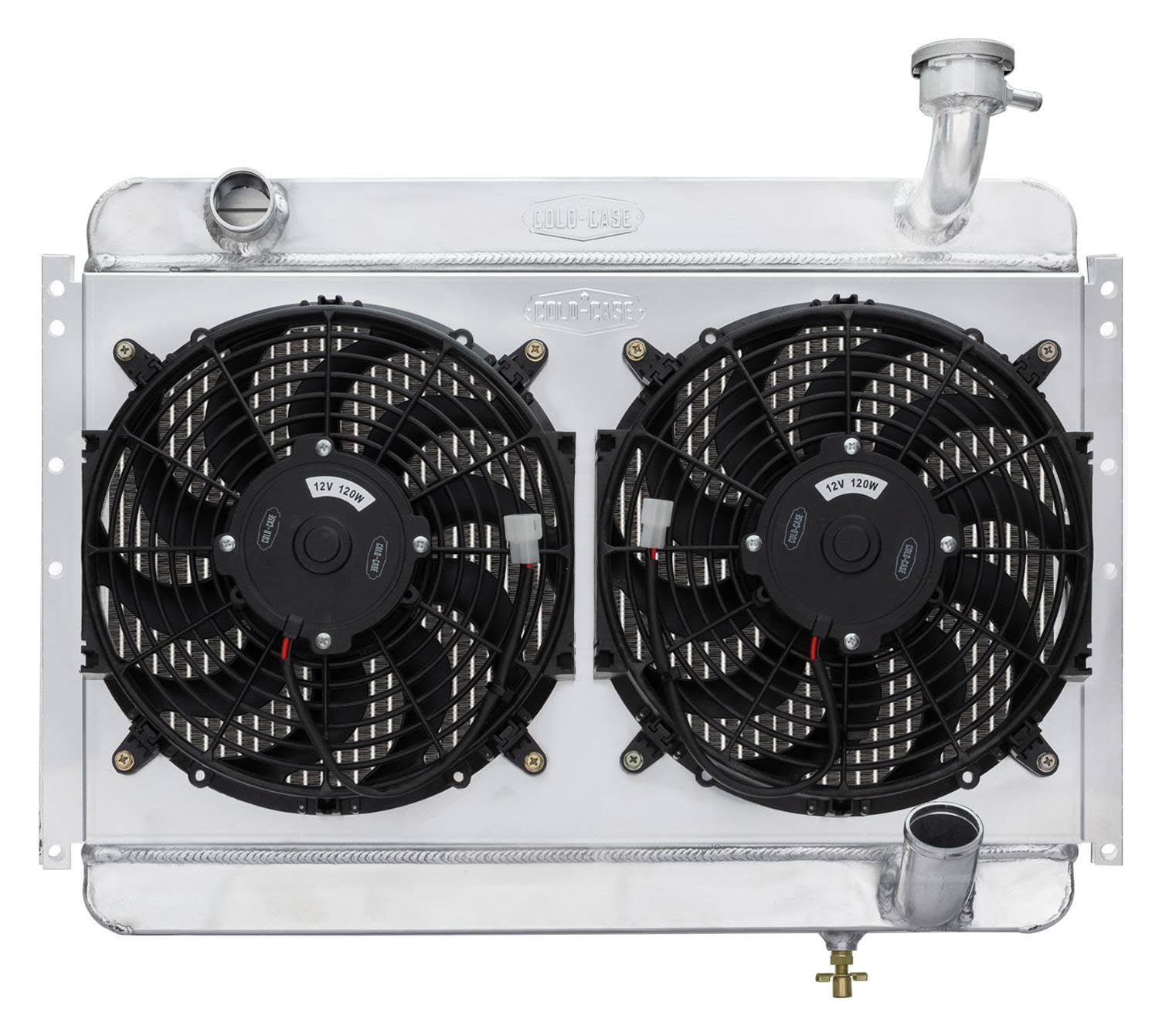 Radiator and Fan, Cold Case Radiators, 24.3 in W x 19 in H x 6.75 in D, Dual Fans, Driver Side Inlet, Passenger Side Outlet, Aluminum, Polished, compatible with Chevy Corvette 1956-60, Kit