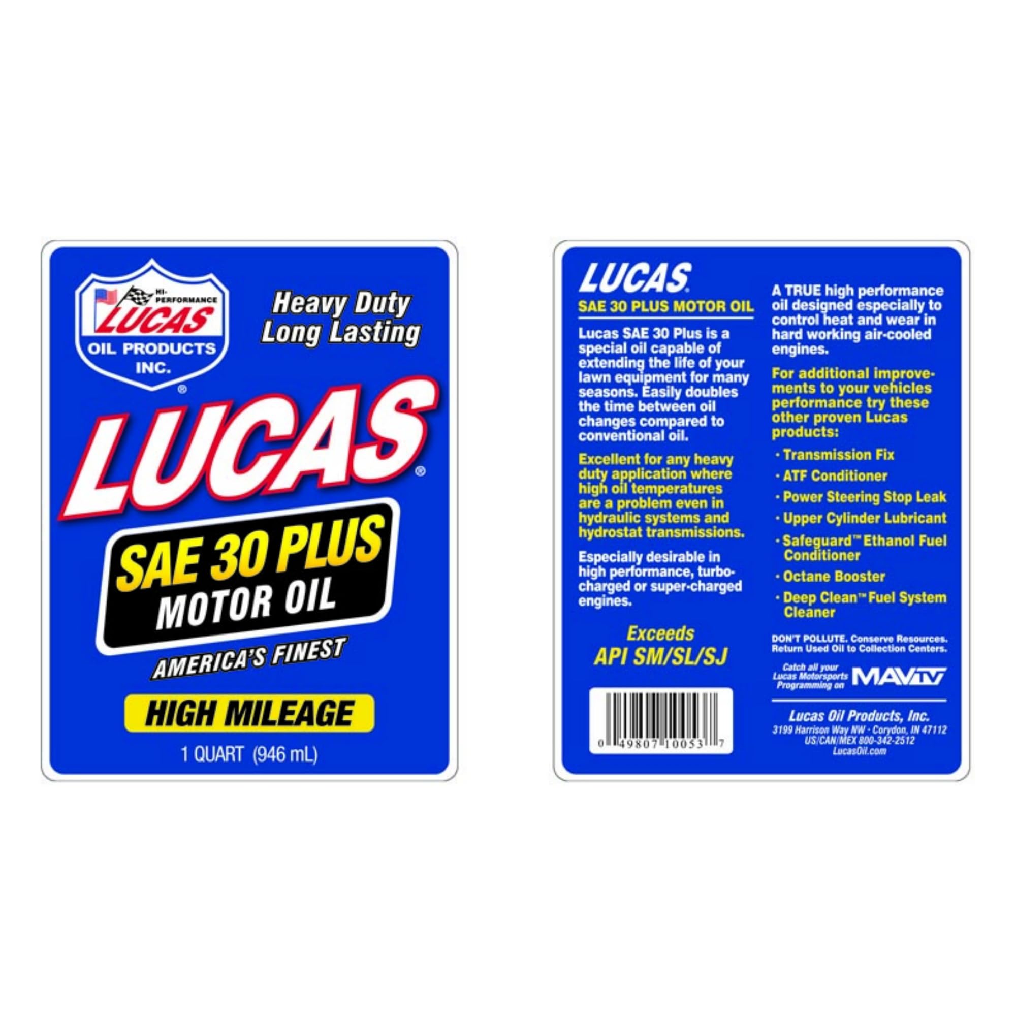 Lucas Oil 10053 SAE 30 Plus High Mileage Motor Oil - 1 Quart