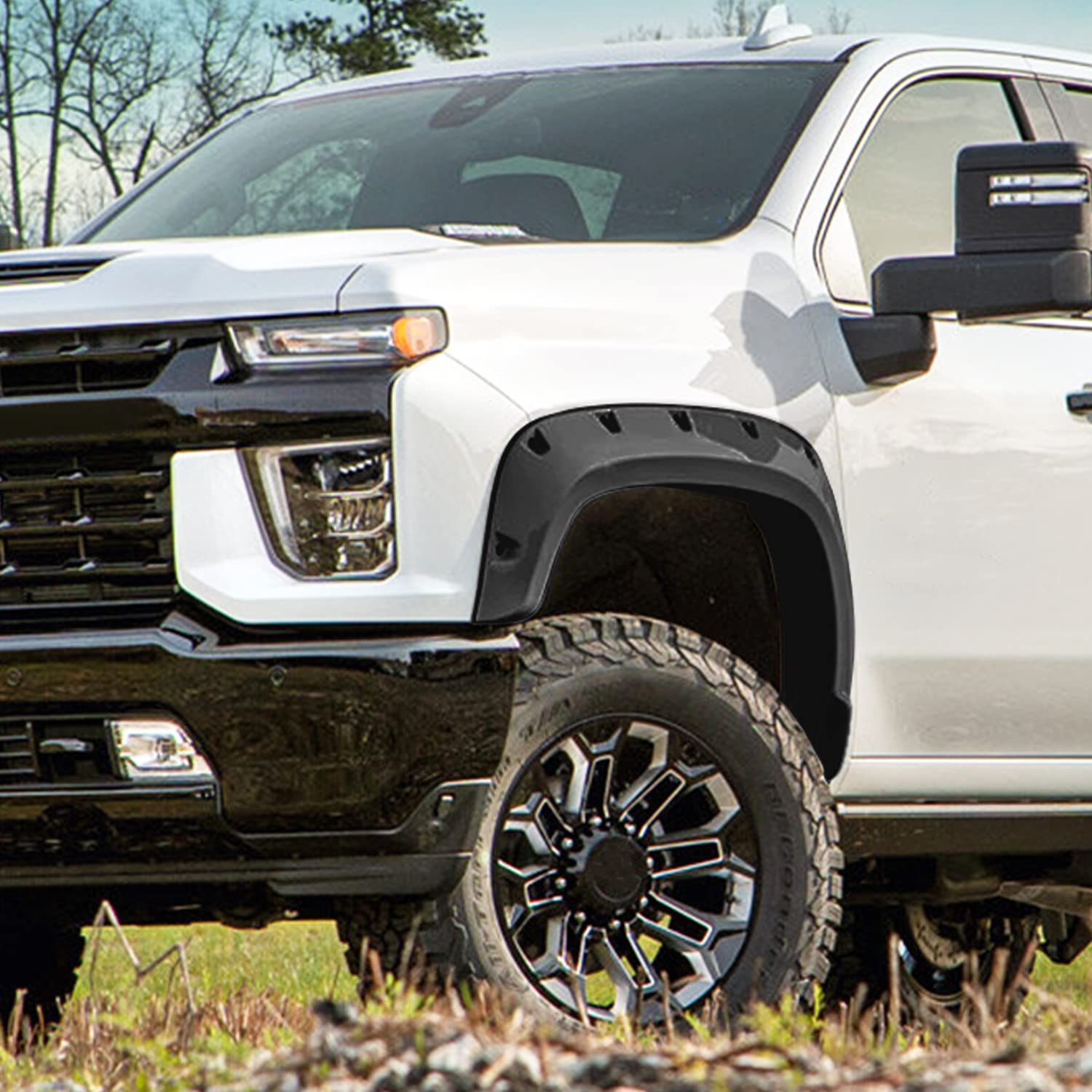 4PC Spec-D Tuning Front + Rear Smooth Black Rivet Bolt-On Pocket Style Fender Flares Compatible with 2020-2024 Chevy Silverado 2500HD 3500HD