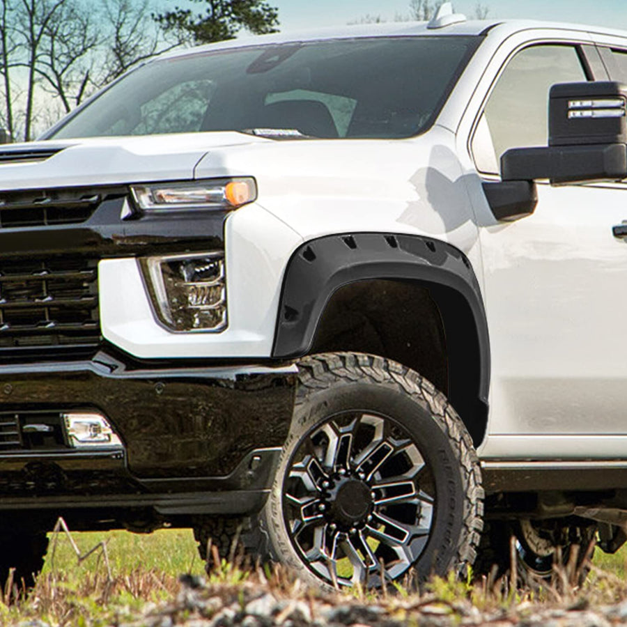 4PC Spec-D Tuning Front + Rear Smooth Black Rivet Bolt-On Pocket Style Fender Flares Compatible with 2020-2024 Chevy Silverado 2500HD 3500HD