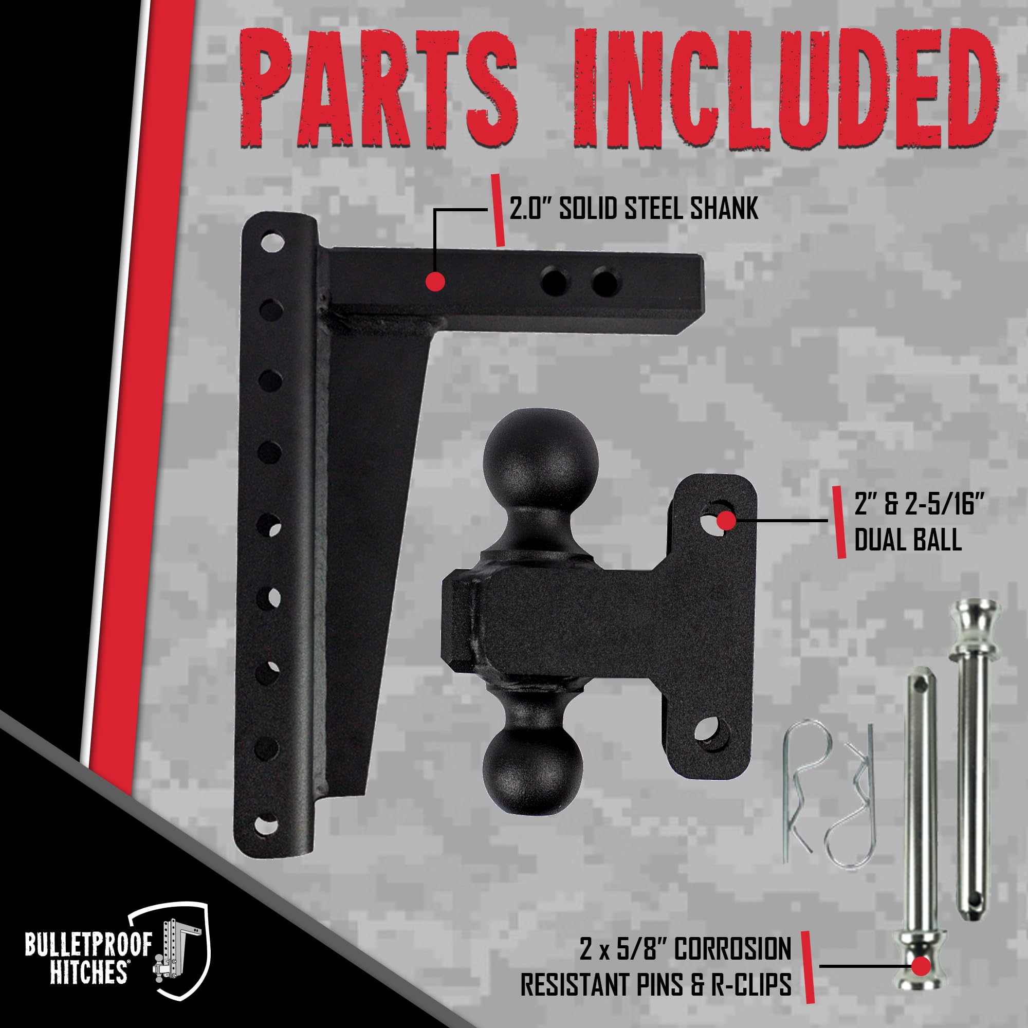 2.0" BulletProof Hitches Adjustable Heavy Duty Trailer Hitch (22,000 lb. Rating) - 12" Drop/Rise Trailer Hitch with 2" & 2-5/16" Dual Ball - Powder Coat, Solid Steel, Corrosion-Resistant