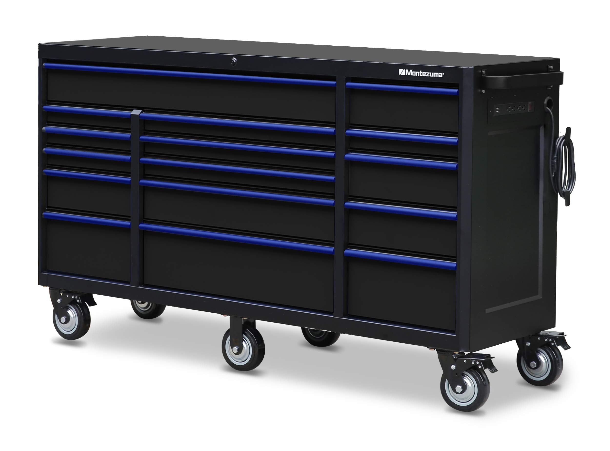 Montezuma Tool Box - 72" x 20" 16 Drawer Tool Cabinet Rolling with Multiple Power Outlets & Black Powder Coat Finish - M722016TC