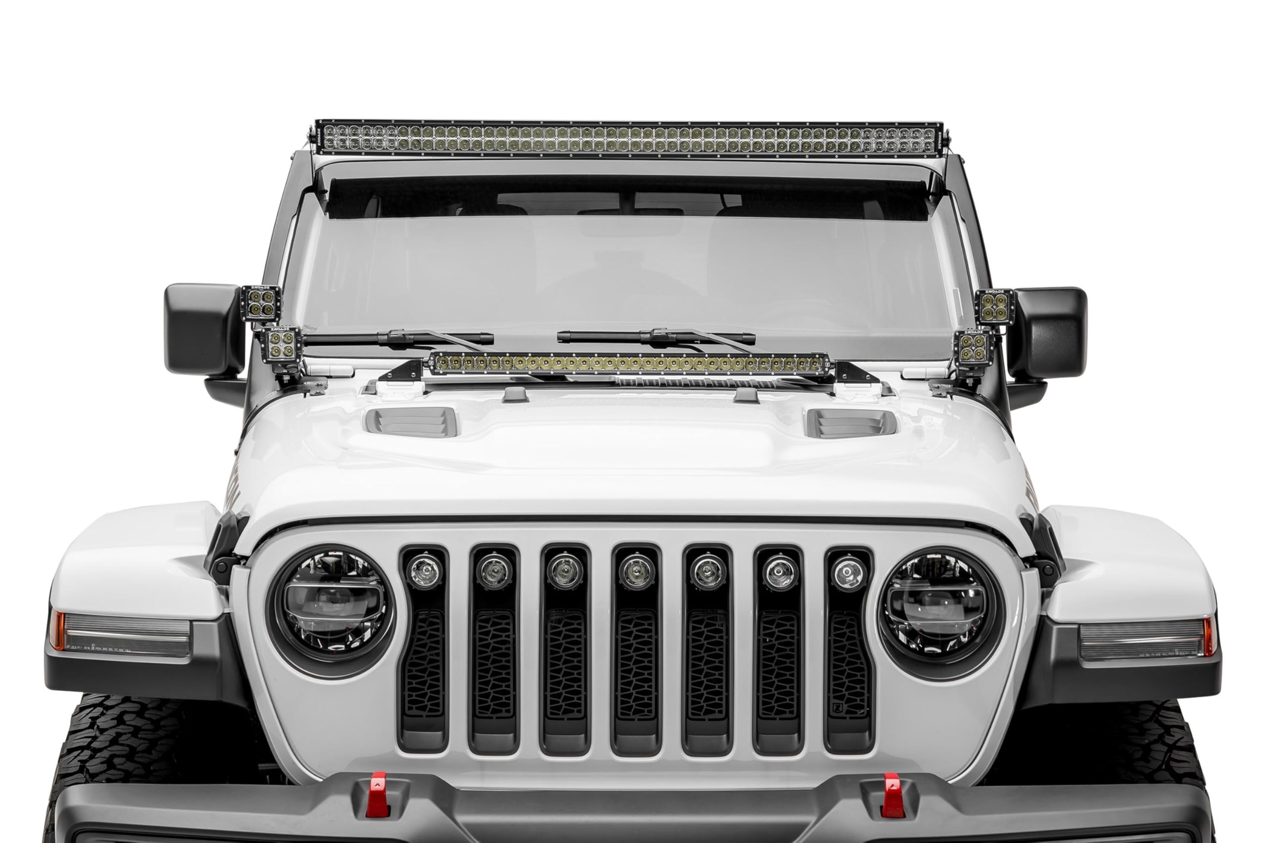Front Roof Jeep JL, Gladiator LED Bracket to mount (1) 50 or 52 Inch Straight LED Light Bar and (4) 3 Inch LED Pod Lights - PN #Z374831-BK4
