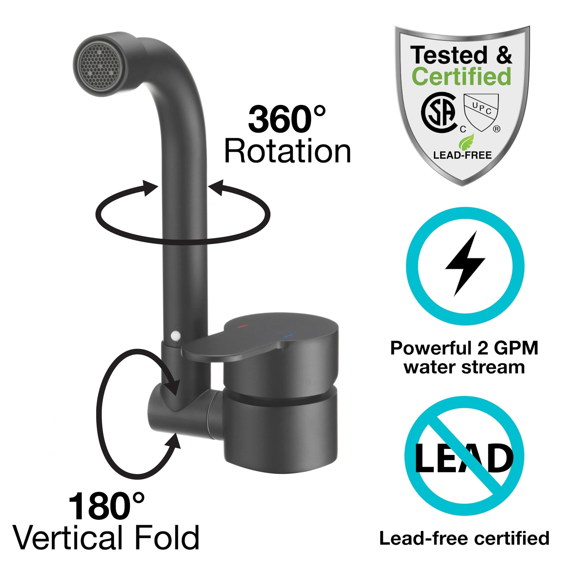 Folding RV Kitchen Faucet Dura Faucet (DF-MK510H-MB) – Matte Black, 360° Rotating & Vertical Folding Spout, Single Lever Handle, Lead-Free, Easy Install Compact Sink Faucet