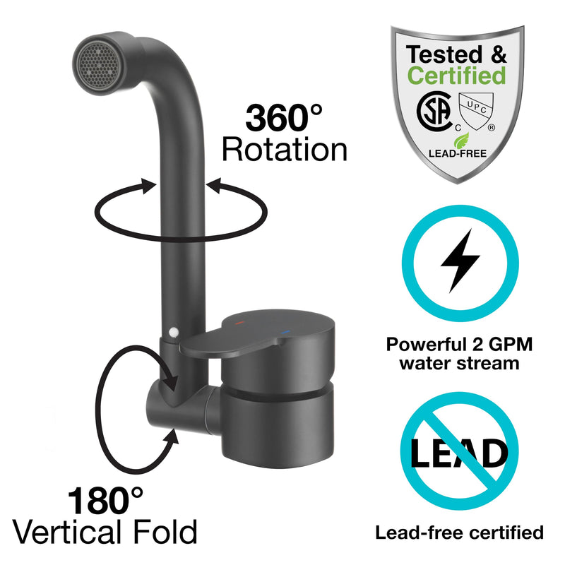 Folding RV Kitchen Faucet Dura Faucet (DF-MK510H-MB) – Matte Black, 360° Rotating & Vertical Folding Spout, Single Lever Handle, Lead-Free, Easy Install Compact Sink Faucet