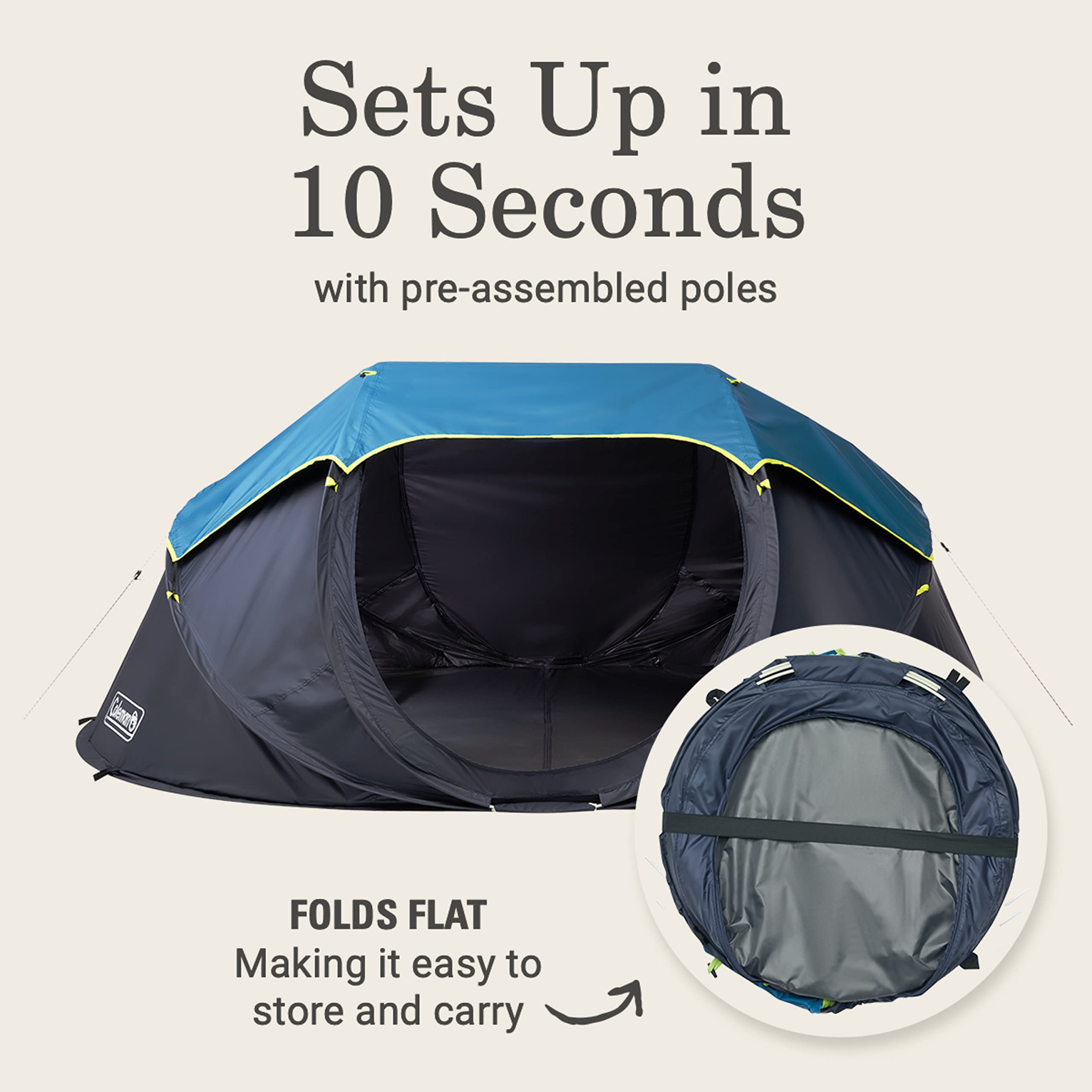 Coleman Camping Tent Pop-Up with Dark Room Technology, 2/4 Person Sets Up in 10 Seconds & Blocks 90% of Sunlight, Includes Pre-Assembled Poles, Adjustable Rainfly, & Taped Floor Seams