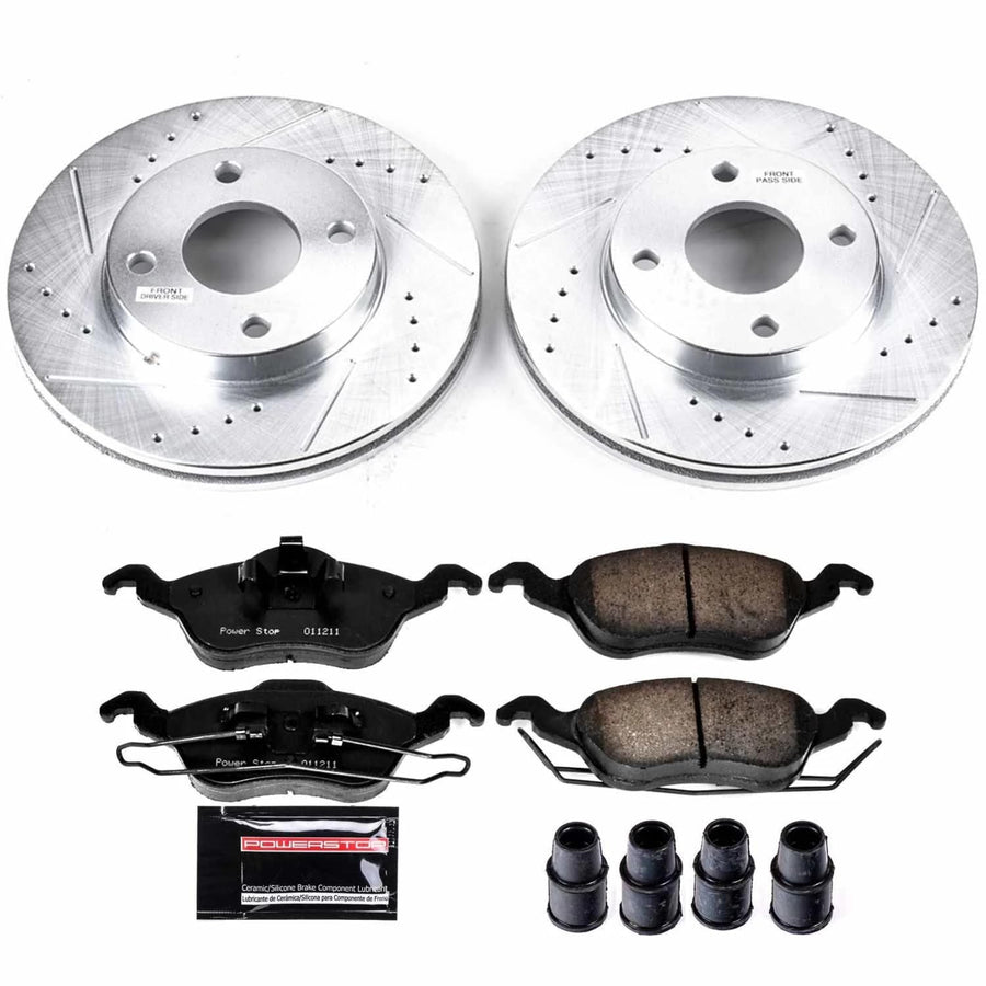Power Stop K1358 Z23 Carbon Fiber Brake Pads with Drilled & Slotted Brake Rotors Kit For Ford Focus 2000-2004 [Model Specific]