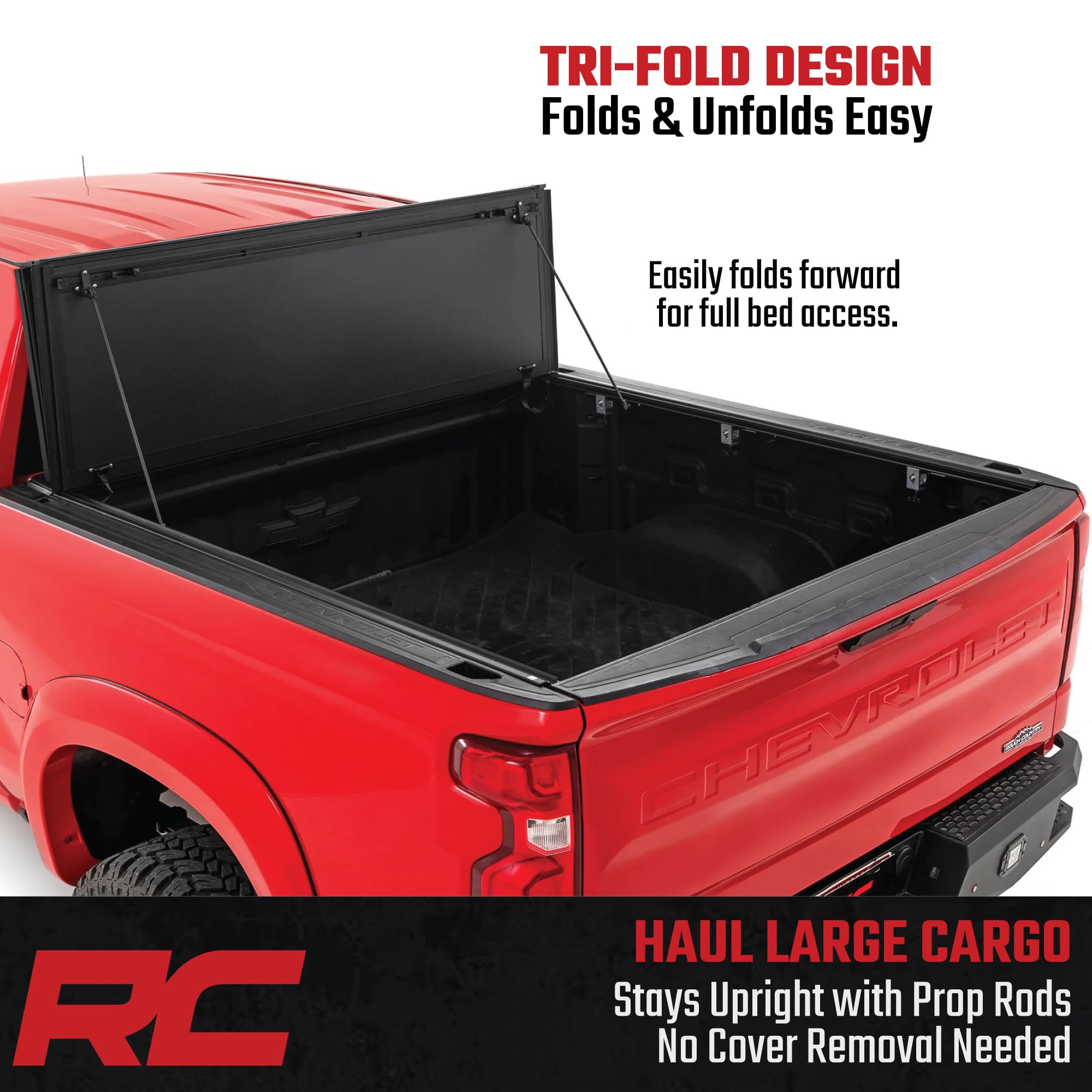Rough Country Hard Tri-Fold Truck Bed Flip Up Tonneau Cover for Chevy Silverado & GMC Sierra 1500 (2019-2025) - Flush Aluminum Bed Cover, Fits 6'7 Bed
