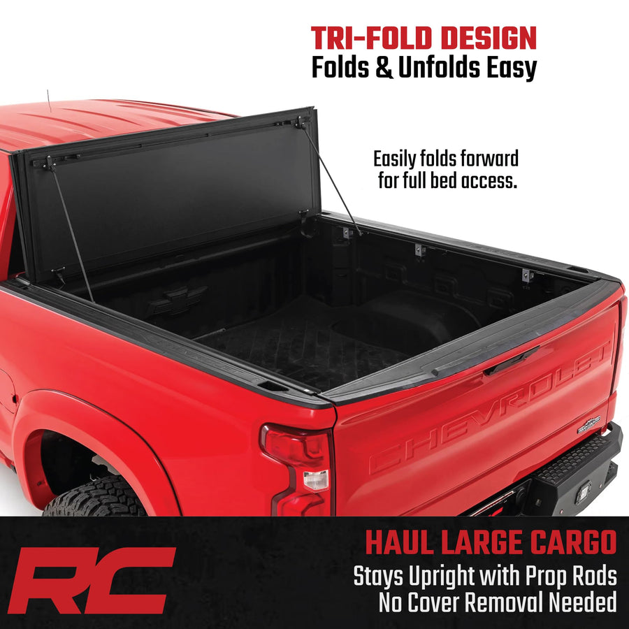 Rough Country Hard Tri-Fold Truck Bed Flip Up Tonneau Cover for Chevy Silverado & GMC Sierra 1500 (2019-2025) - Flush Aluminum Bed Cover, Fits 6'7 Bed