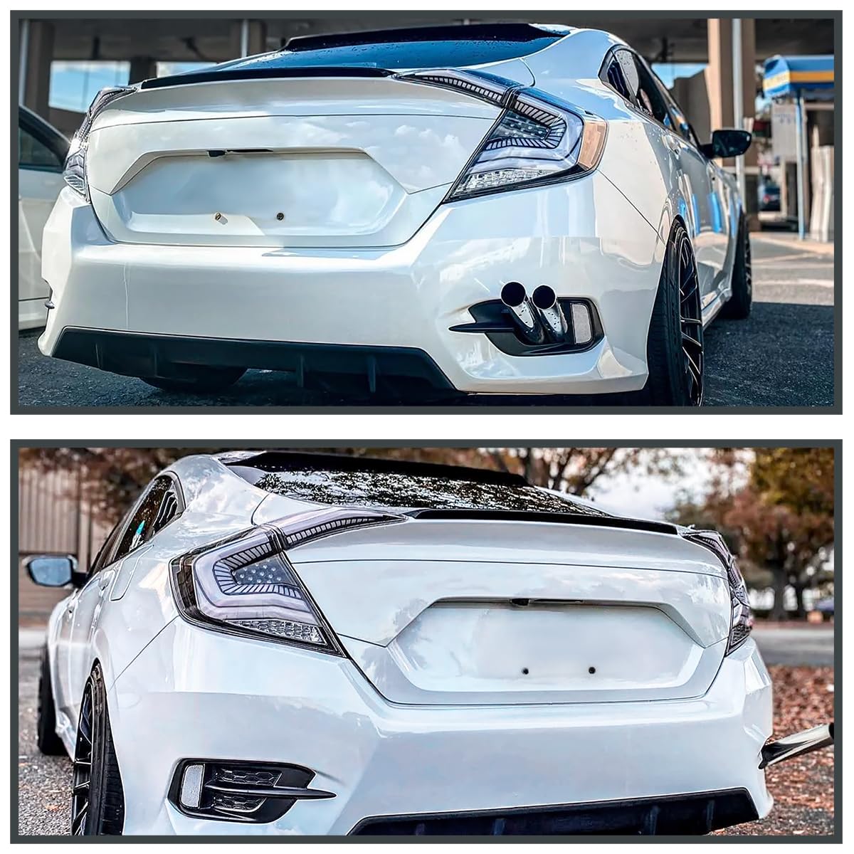 Black Tail Lights w/White LED Strips, SPEC-D TUNING Sequential LED Turn Signal, and Startup Animation Compatible with 2016-2021 Honda Civic 4-Door Sedan, Left + Right Pair Assembly
