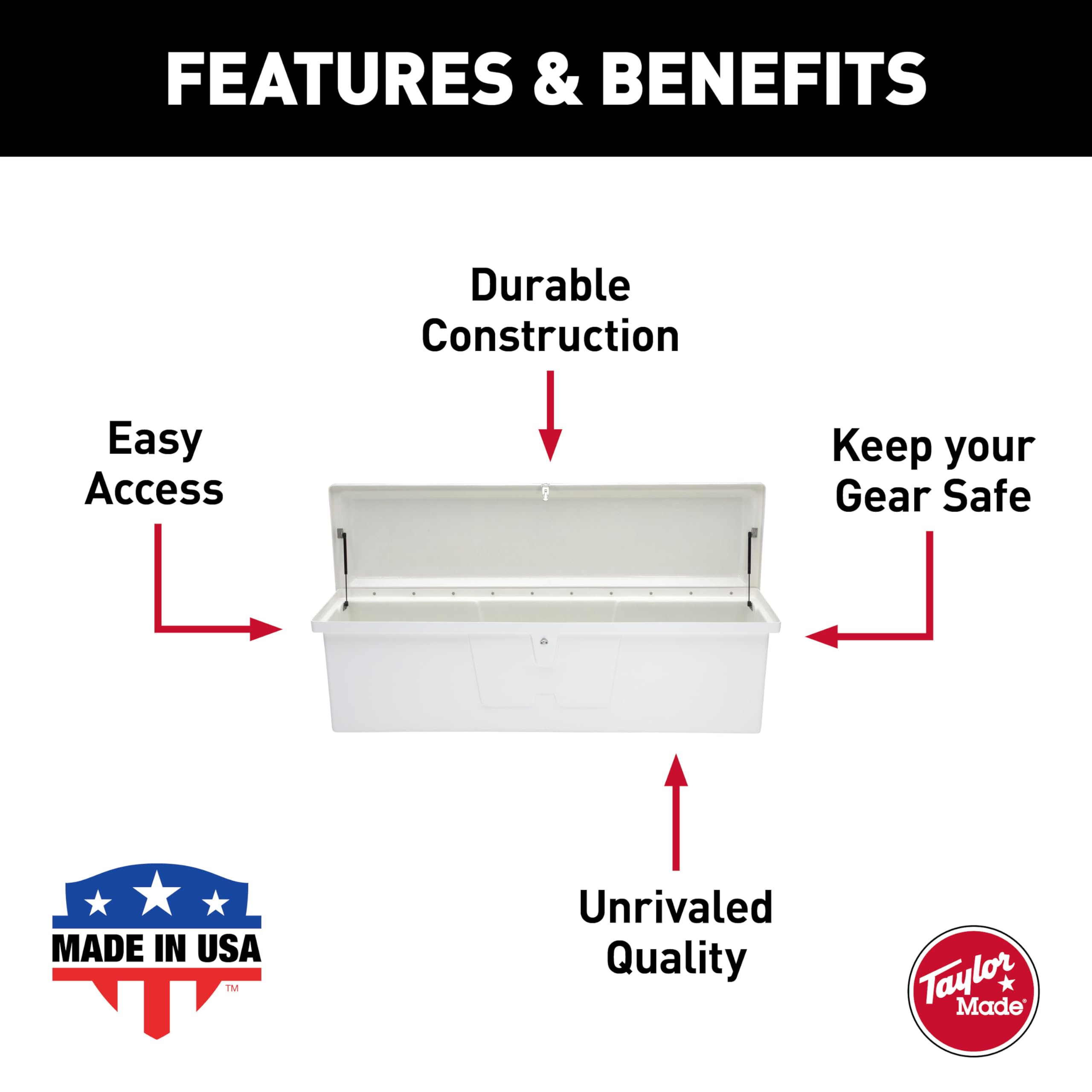 67.75"L x 27.75"W x 26"H TAYLOR MADE PRODUCTS White Stow 'N Go UV-Resistant Polyethylene Waterproof Storage Box with Stainless Steel Lockable Latch for Docks, Decks, Patios, Pool Areas - 2020108529