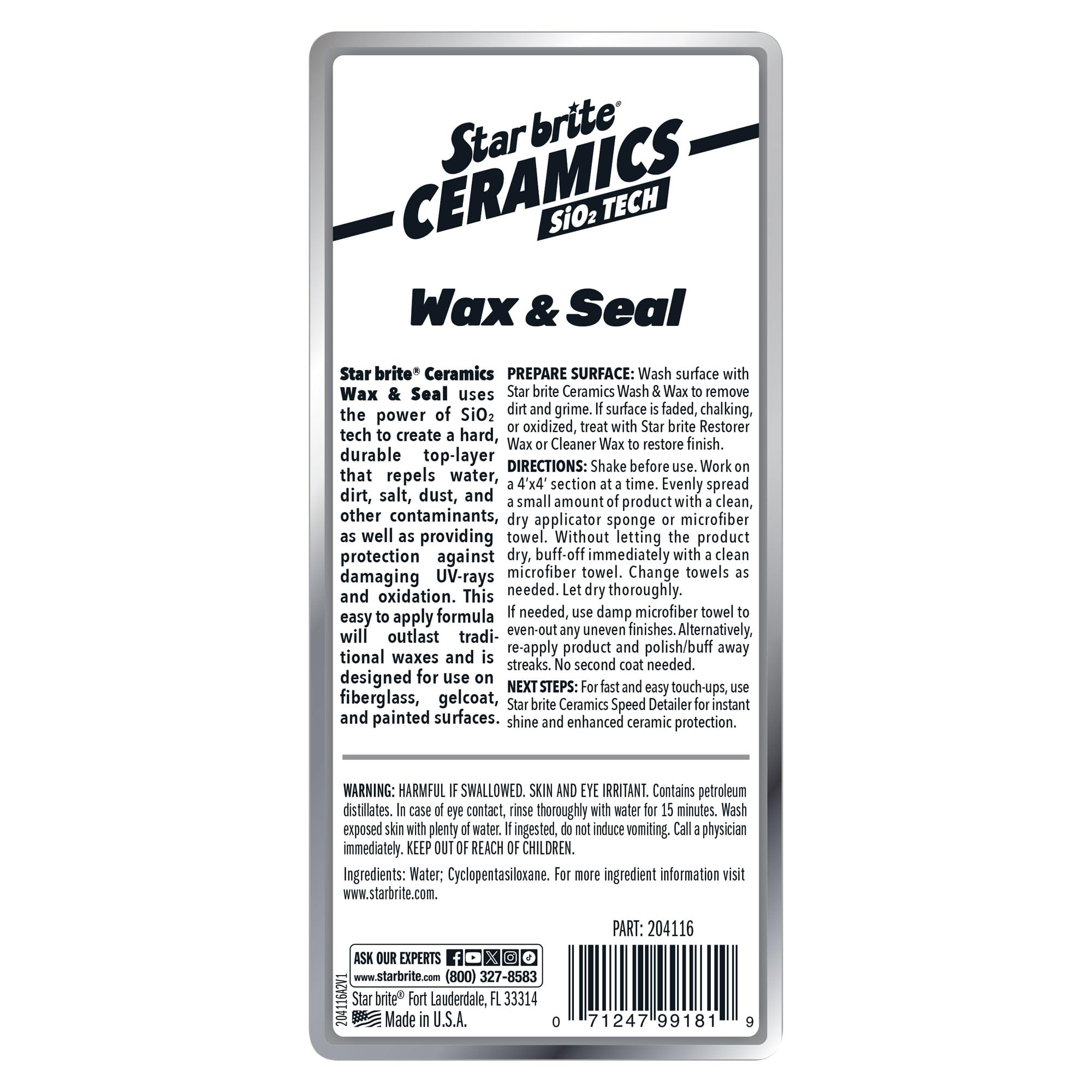 Ceramics Wax & Seal STAR BRITE - Green Apple Scent - SiO2 Tech for Ultimate Protection, Repels Water, Dirt, UV - Ideal for Fiberglass, Gelcoat, Painted Surfaces - 16 oz (204116)