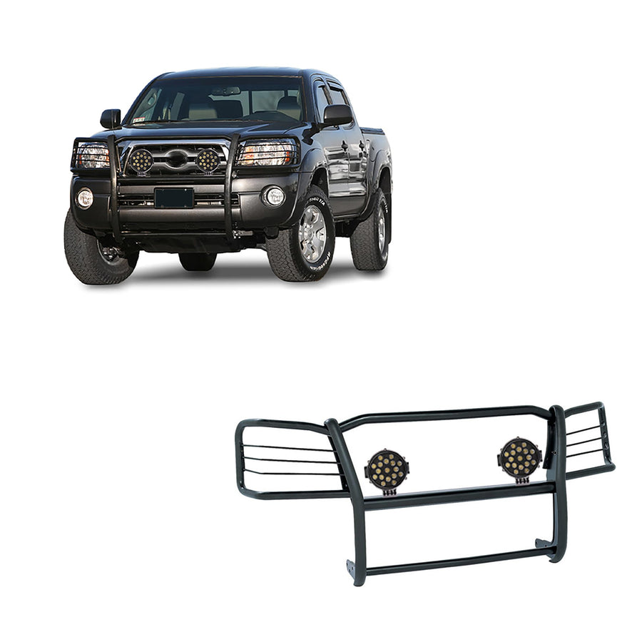 Bumper Guard Black Horse Grille brush Modular Come With pair of 7.0"Dia.LED Lights with Trim Rings Compatible with 2005-2015 Toyota Tacoma-17A096400MA-PLB