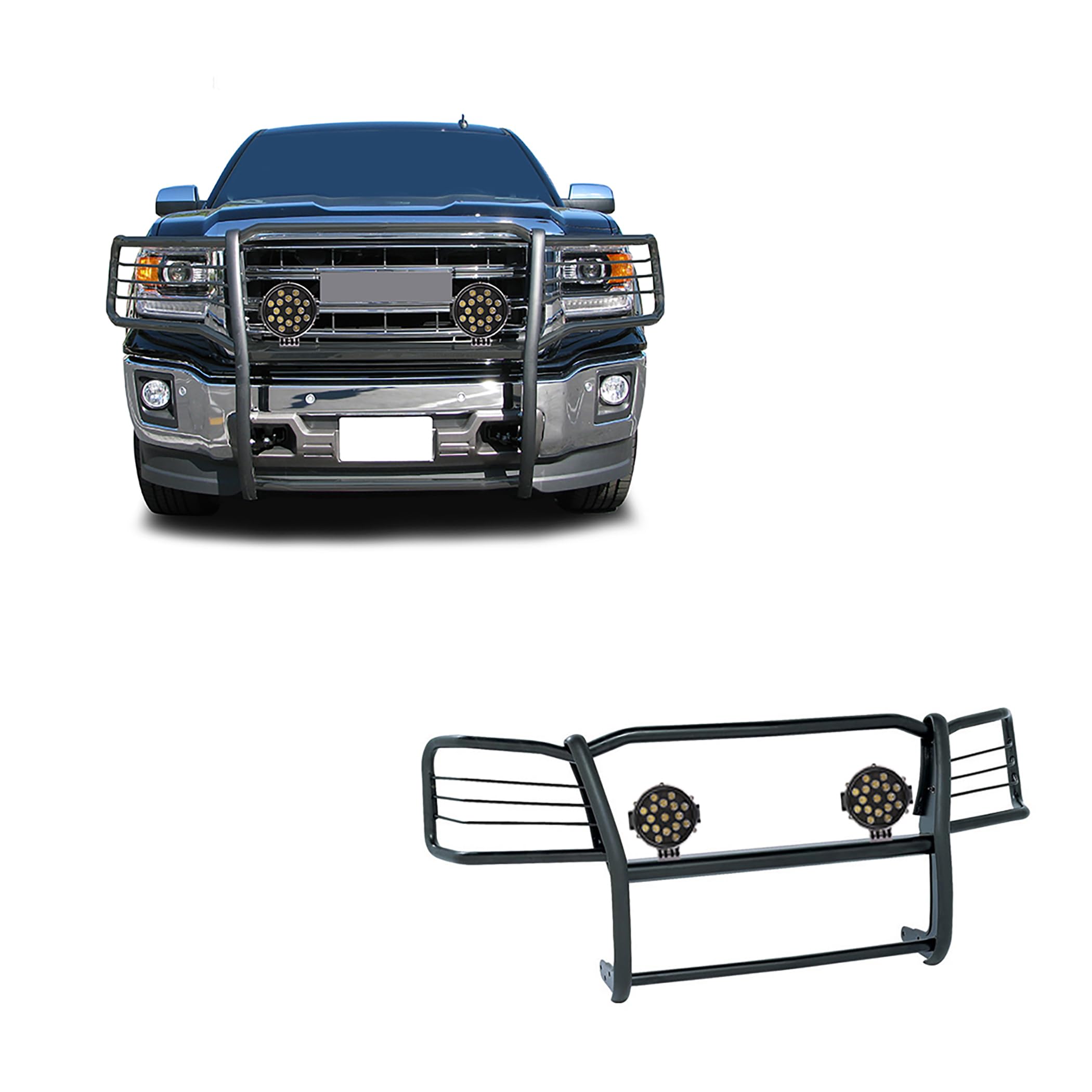 Bumper Guard Black Horse Grille brush Modular Come With pair of 7.0"Dia.LED Lights with Black Trim Rings Compatible with 2019-2022 GMC Sierra 1500 Limited|2014-2018 GMC Sierra 1500-17GS12MA-PLB
