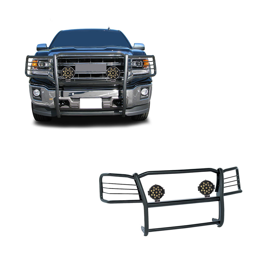 Bumper Guard Black Horse Grille brush Modular Come With pair of 7.0"Dia.LED Lights with Black Trim Rings Compatible with 2019-2022 GMC Sierra 1500 Limited|2014-2018 GMC Sierra 1500-17GS12MA-PLB