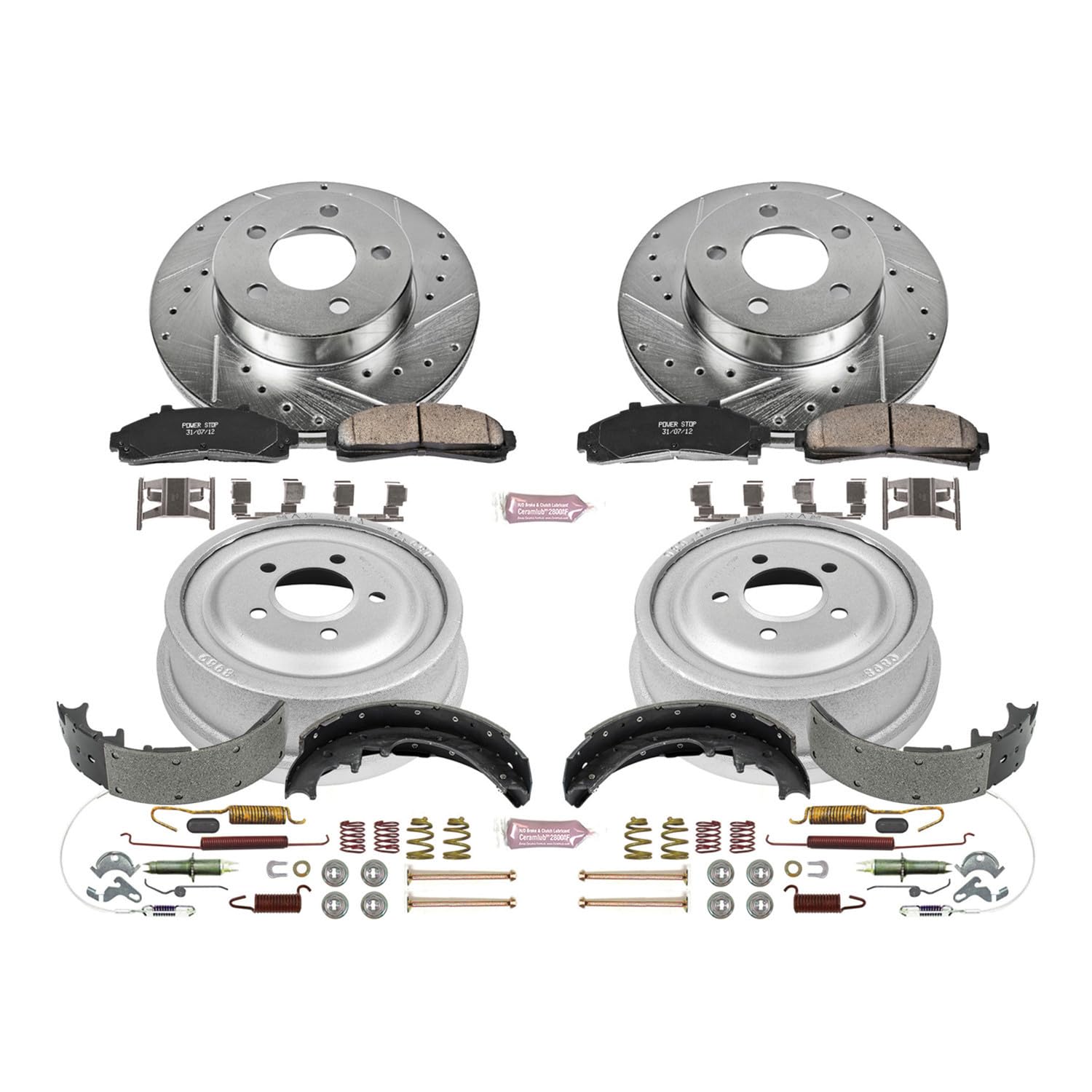 Power Stop K15004DK Z23 Carbon Fiber Brake Pads Front and Rear with Drilled & Slotted Brake Drums Kit