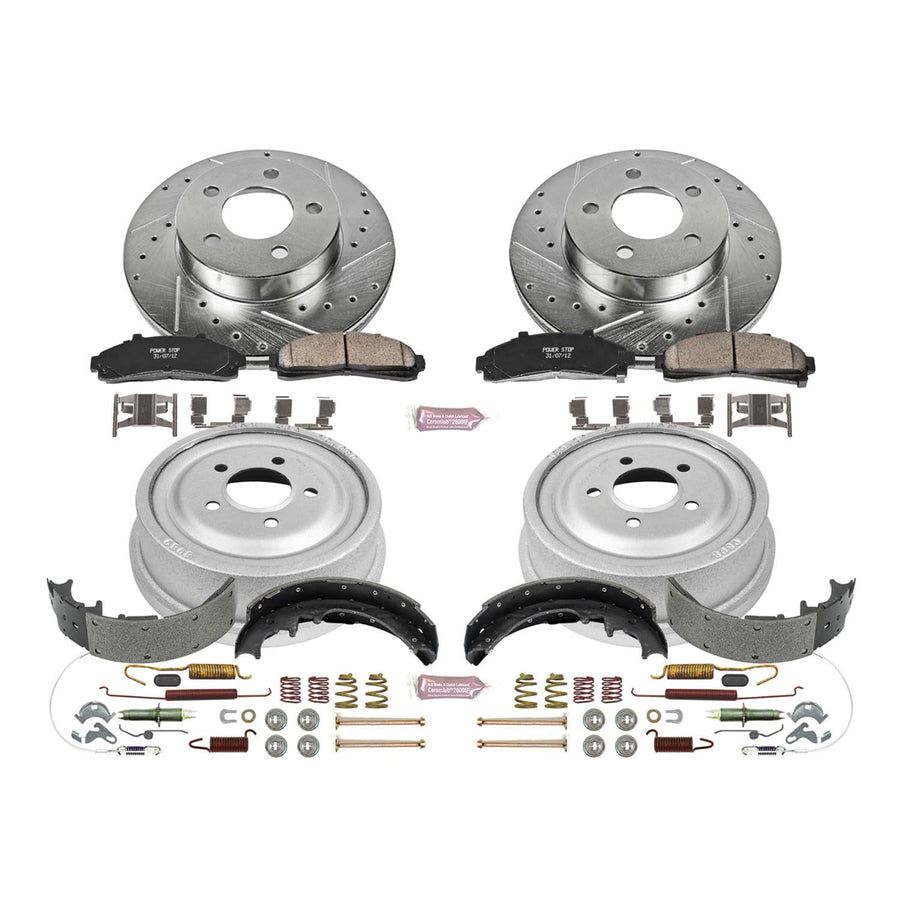 Power Stop K15004DK Z23 Carbon Fiber Brake Pads Front and Rear with Drilled & Slotted Brake Drums Kit