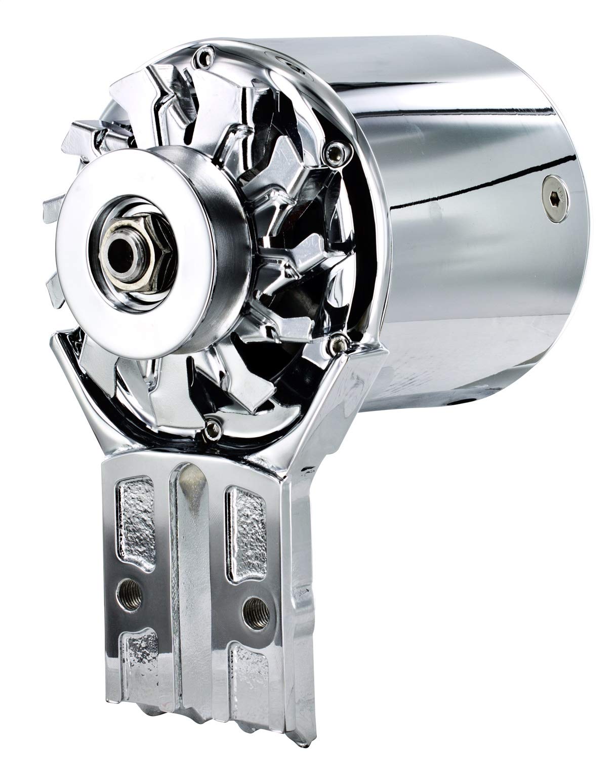 PowerGEN Powermaster Chrome Flat Head Front MTG '39-'48 90A 12V w/Lamp Term Shorty w/Pulley for 5/8" Belt