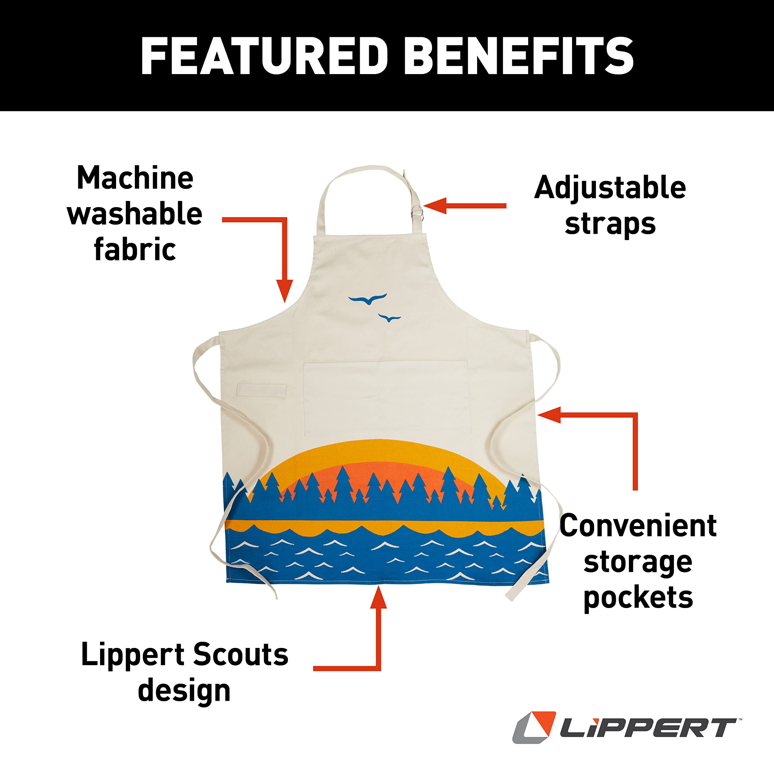Scouts Lippert™ Apron – Perfect for cooking, grilling, cleaning, gardening, crafting – Comfortable and durable cotton twill material – Three storage pockets and towel loop for convenience – 2022107842