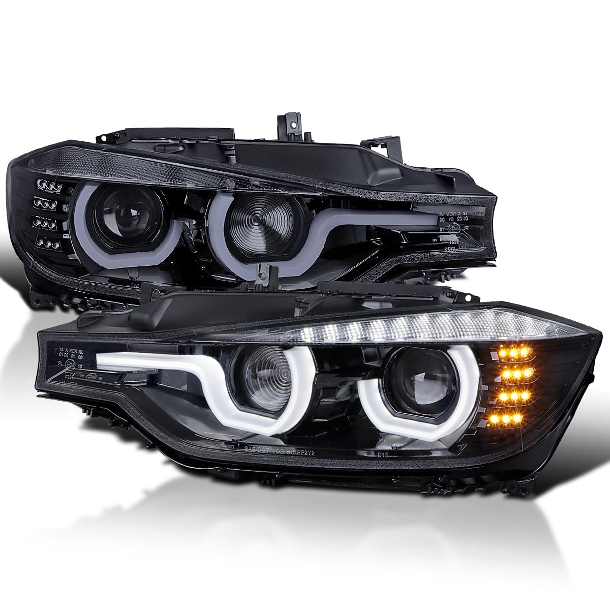 Black Smoke SPEC-D TUNING U-Halo HID Type Projector Headlights w/LED Strip Compatible with 2012-2015 BMW F30 3-Series Sedan, Left + Right Pair Headlamps Assembly