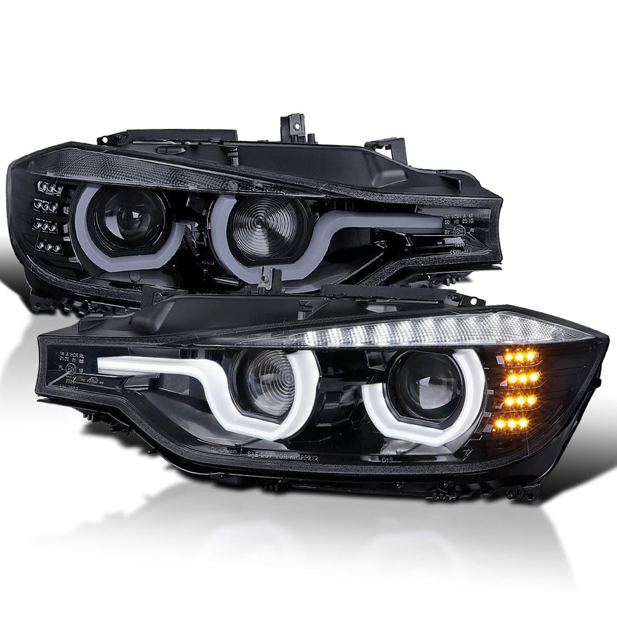 Black Smoke SPEC-D TUNING U-Halo HID Type Projector Headlights w/LED Strip Compatible with 2012-2015 BMW F30 3-Series Sedan, Left + Right Pair Headlamps Assembly