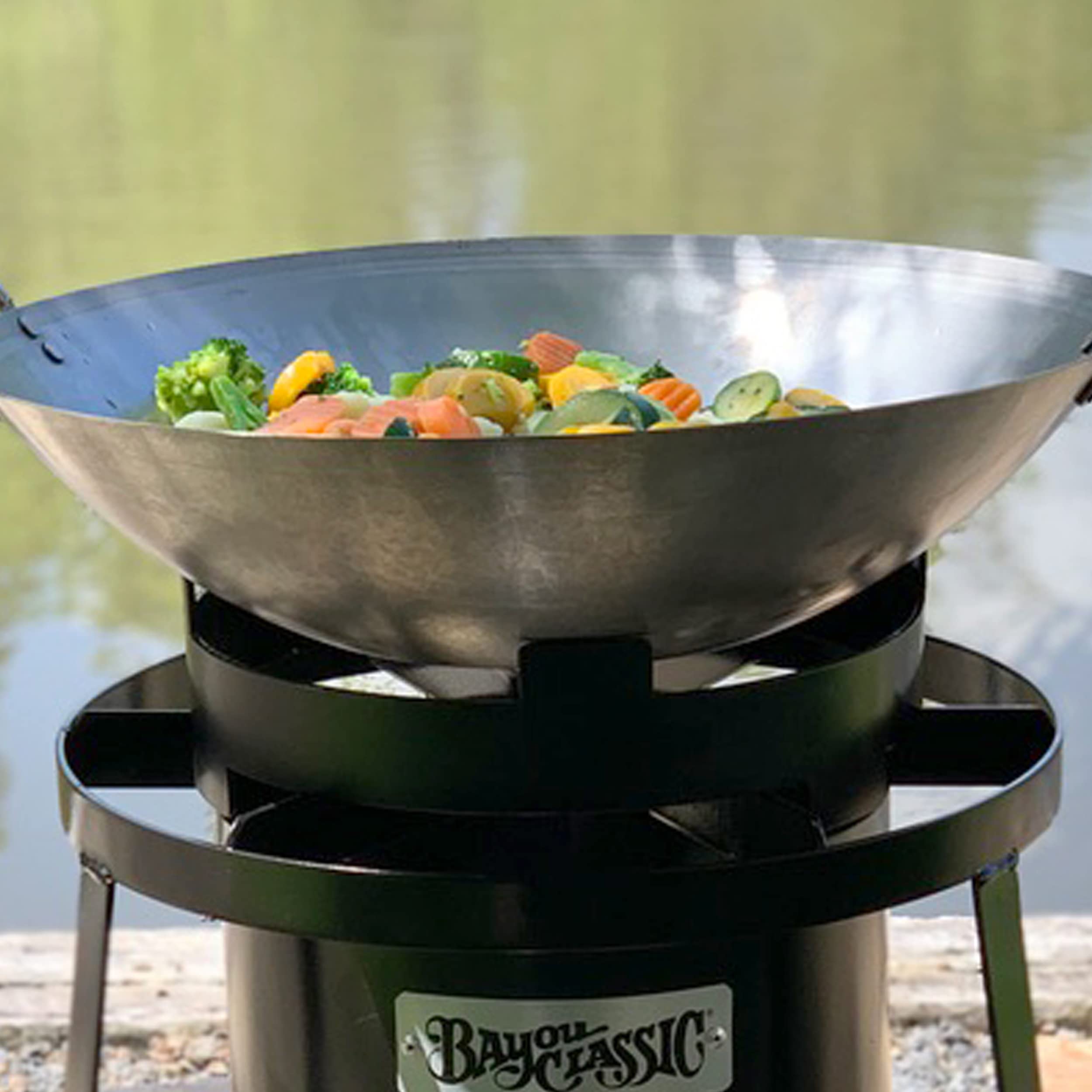 Bayou Classic Steel Flat Bottom Wok 8540 Features Heavy Duty Riveted Handles Sloping Sides Perfect For Stir Frying