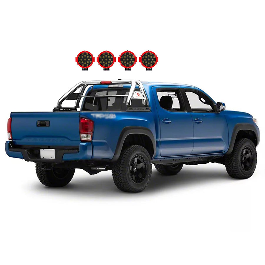 Classic Roll Bar Black Horse Incl. Pair of 7.0" Dia. Led Lights w/Red Trim Rings Stainless Steel Compatible with 2005-2021 Nissan Frontier-RB007SS-PLR