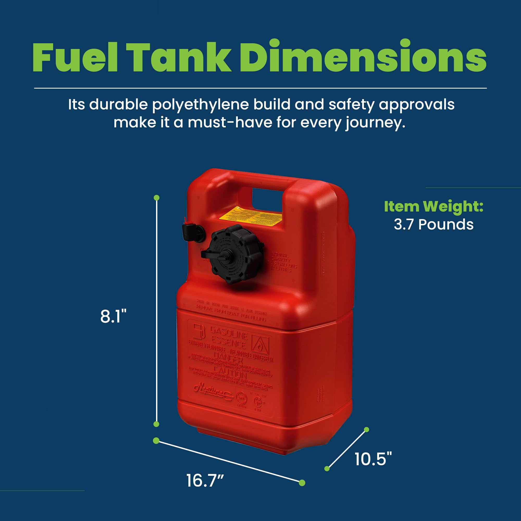 3 Gallon Scepter Portable Marine Gas Can, Boat Fuel Tank, 2-Way Vented Cap, Built-In Fuel Line Pick-Up, Top Handle, EPA & CARB Compliant, Neptune Series, 17.25"L x 11"W x 8.5"H (08590)