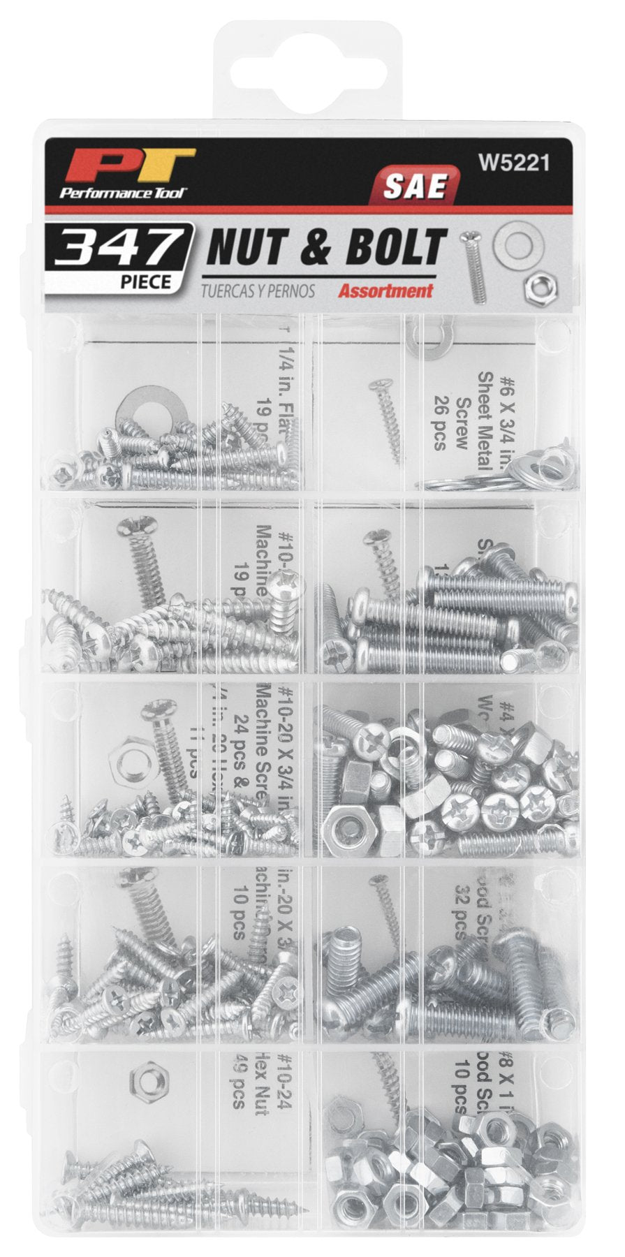 W5221 Performance Tool 347pc SAE Nuts & Bolts Assortment With Case