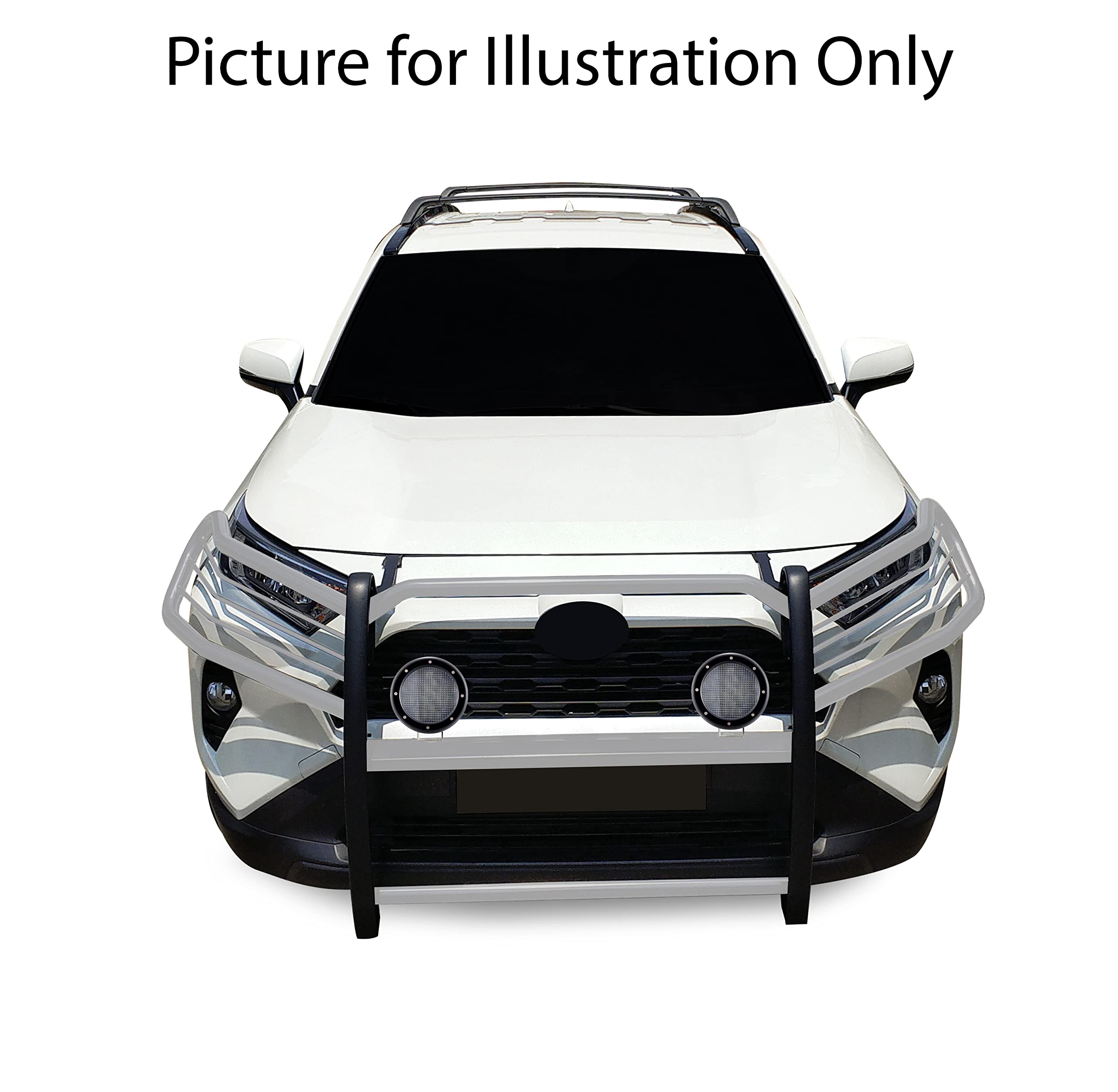 Bumper Guard Black Horse Grille Brush Modular Stainless Steel Come with Pair of 5.3" Dia.LED Lights with Black Trim Rings Compatible with 2019-2024 Toyota RAV4-17A093904MSS-PLFB