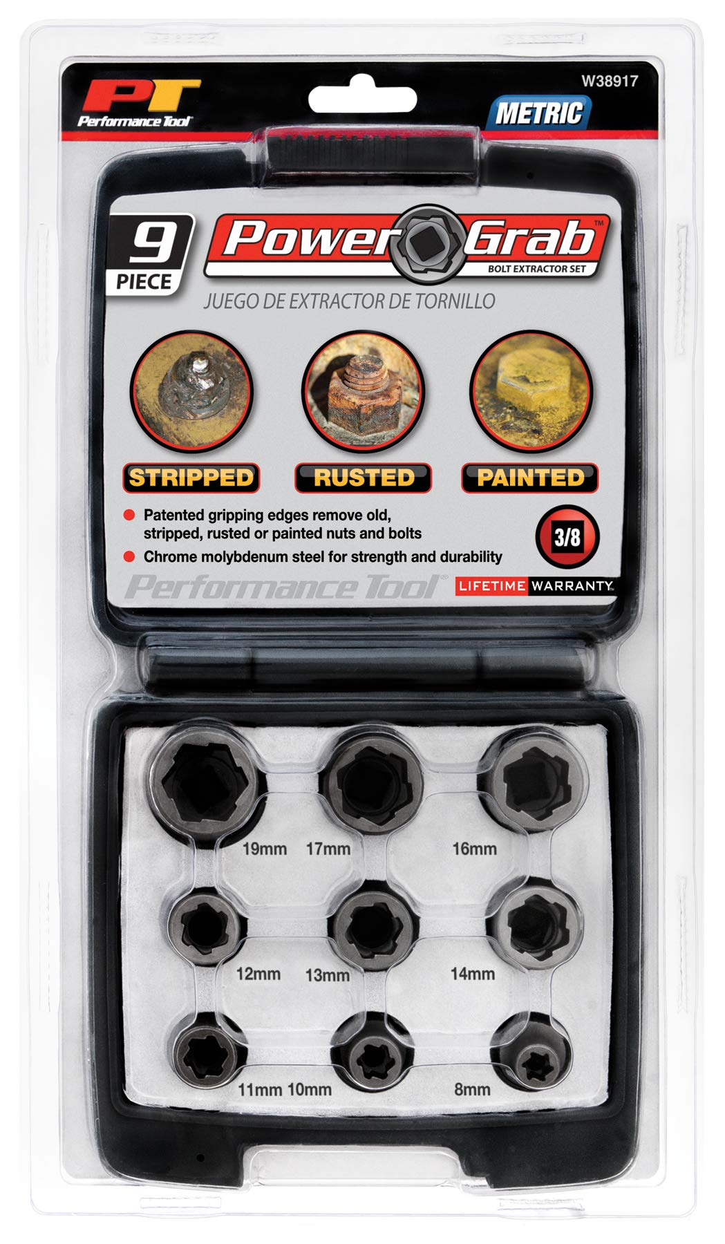 W38917 Performance Tool 3/8-Inch Drive 9 Piece Bolt Extractor Set (Metric)