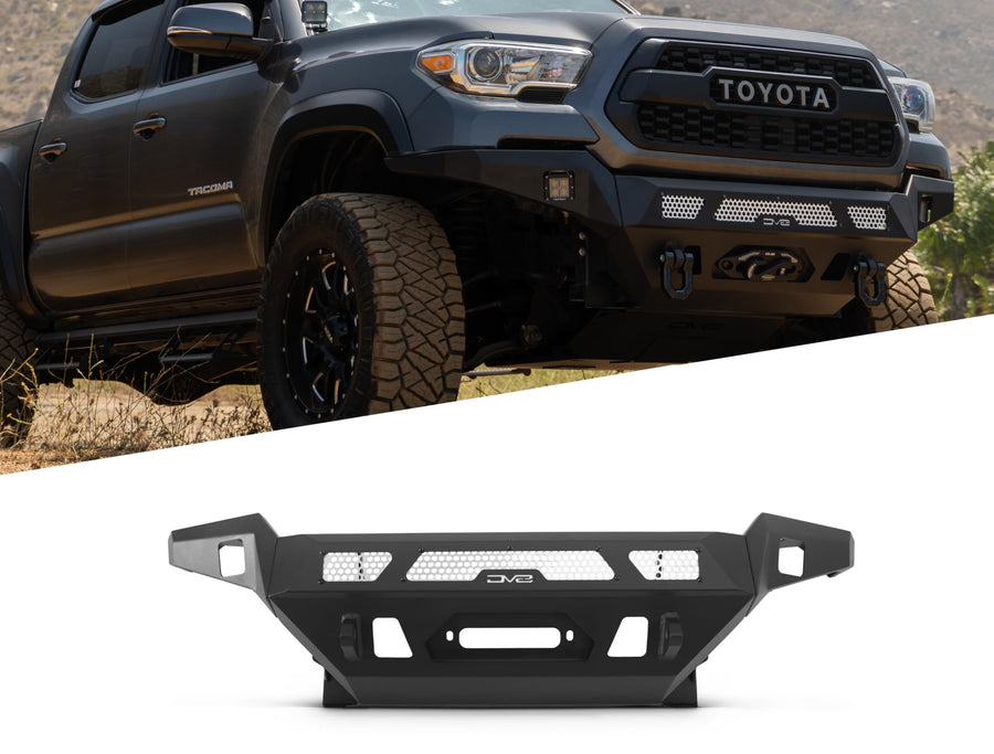 Winch Front Bumper DV8 MTO Series for 2016-2023 Toyota Tacoma | High Clearance Fitment | Mounts up to a 12,000lb Rated Winch | Integrated Light Bar and Pod Light Mounts | Black Powder Coat Finish