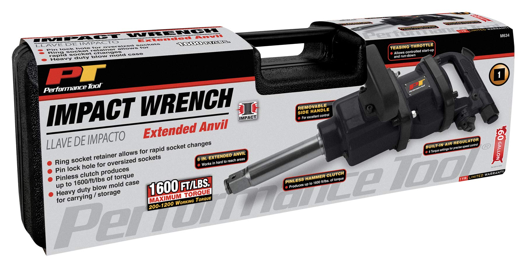 1-Inch Performance Tool M634 Heavy Duty 1-Inch Air Impact Wrench Gun Long Shank Commercial Truck Mechanics w/Case & 6-Inch Anvil