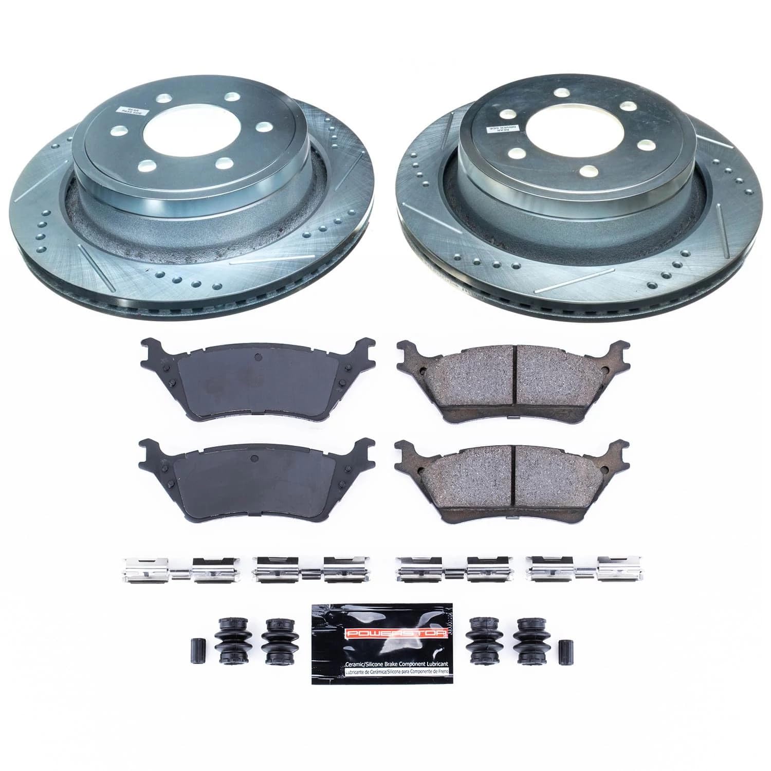 Power Stop K6271 Z23 Carbon Fiber Brake Pads Rear with Drilled and Slotted Brake Rotors Kit, Grey For 2012 2013 2014 2015 2016 2017 2018 Ford F-150 6 Lug