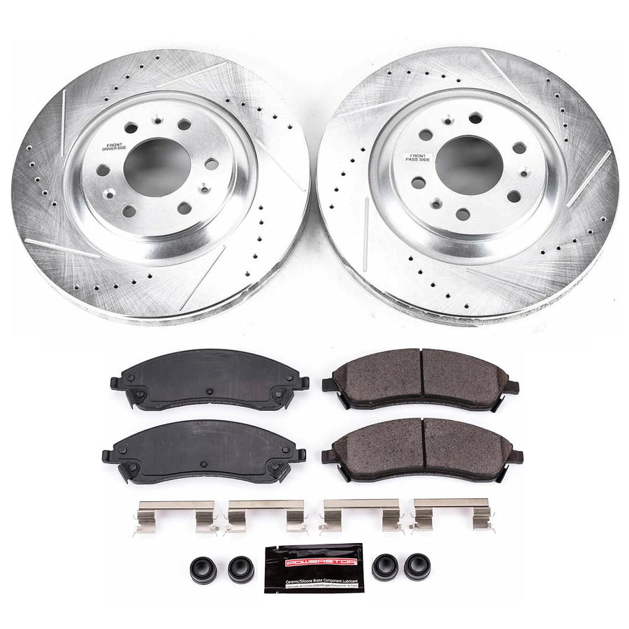 Power Stop K1449 Z23 Carbon Fiber Brake Pads with Drilled & Slotted Brake Rotors Kit For Cadillac SRX 2004-2009 [Model Specific]