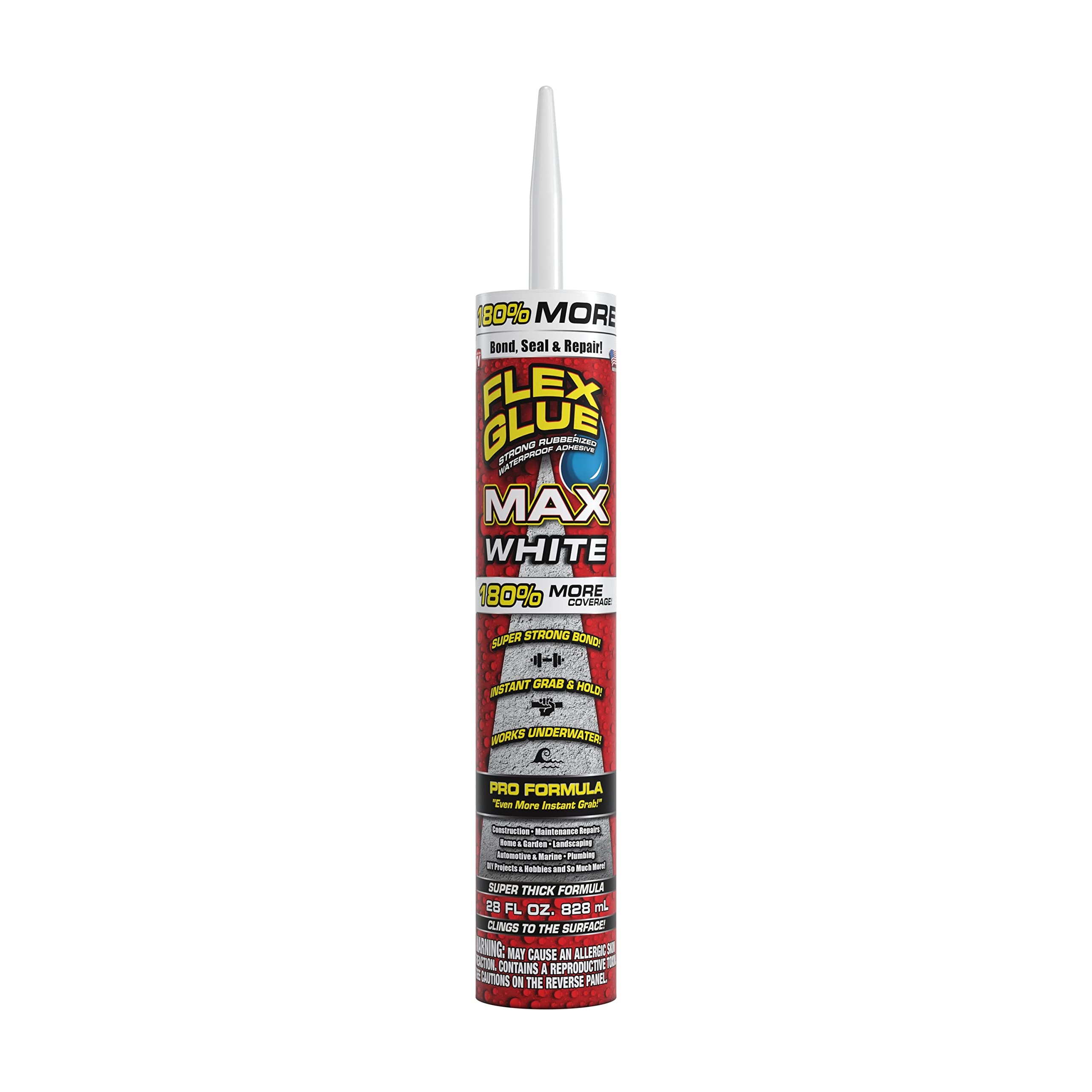 MAX Flex Glue, Super Strong, Rubberized Waterproof Adhesive, Works Underwater, Use on Pools, Showers, Outdoors, Concrete, Brick, Pavers, UV Resistant, 28 oz Cartridge, White, 1-Pack