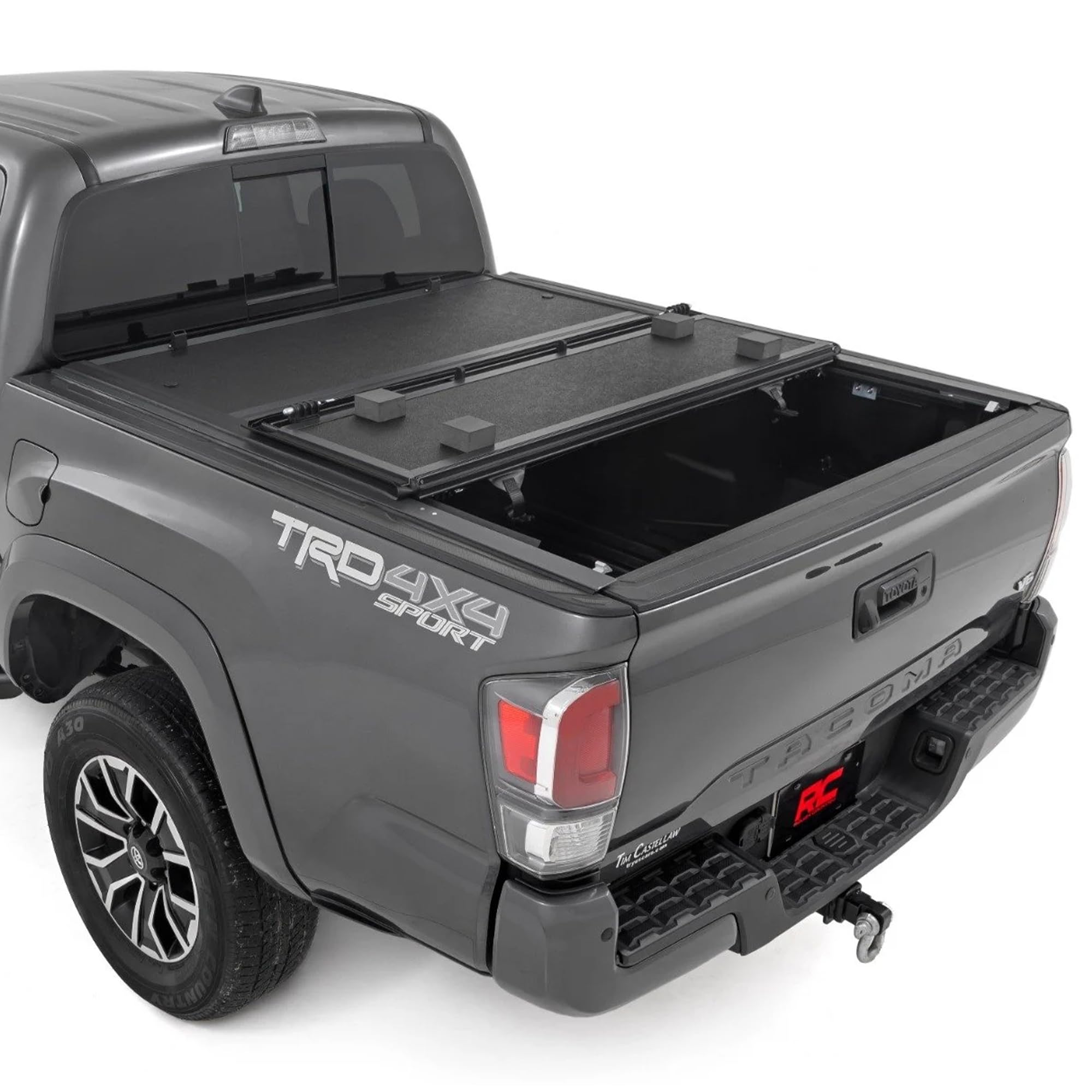 Low-Profile Rough Country Hard Tri-Fold Tonneau Cover for Toyota Tacoma (2016–2023) - Aluminum Truck Bed Cover, Fits 6' Bed (72.5")