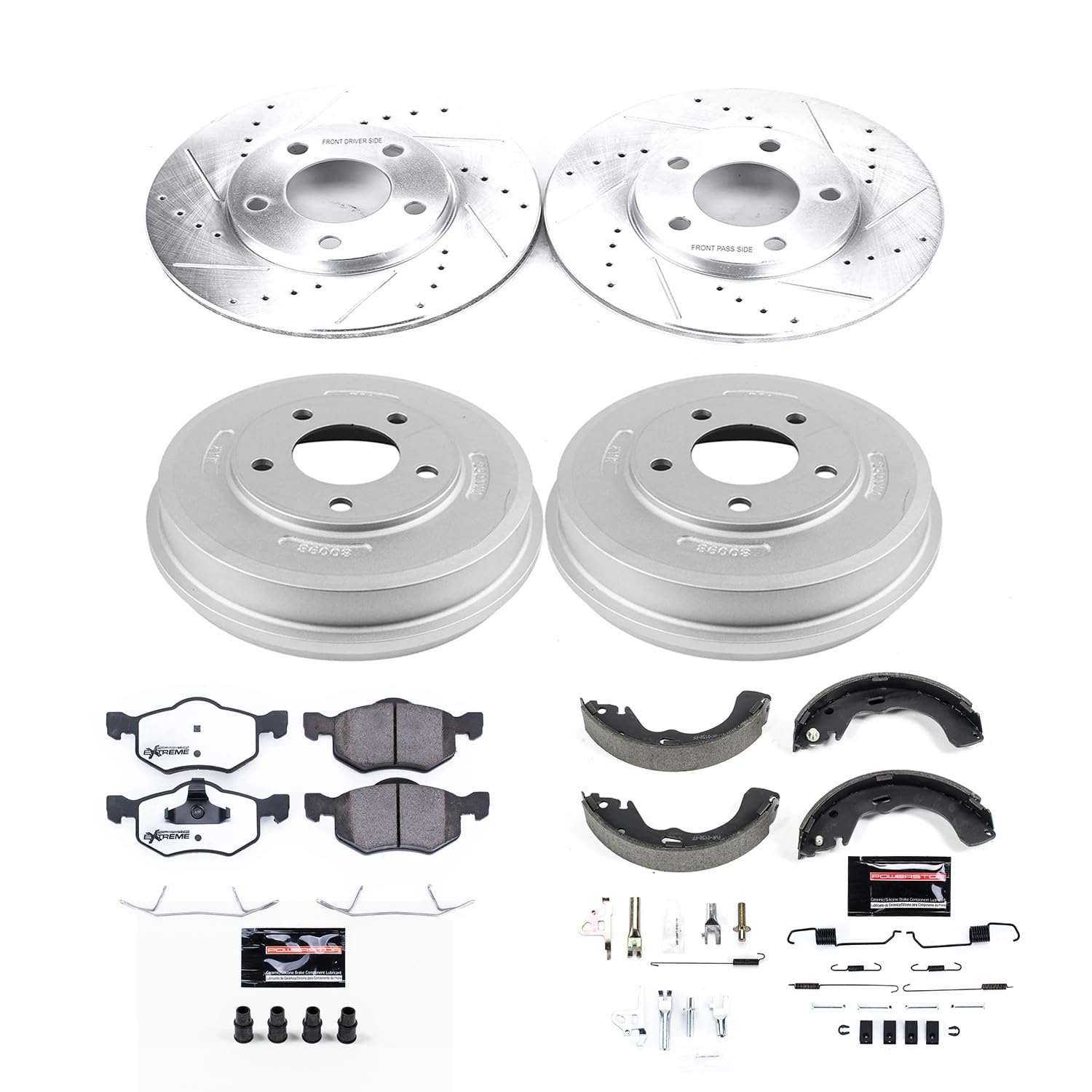 Power Stop Brake Kit Front and Rear For 2001 2002 2003 2004 2005 2006 2007 Ford Escape - Truck & Tow Carbon Fiber Ceramic Pads, Drums, & Drilled and Slotted Rotors Replacement, K15209DK-36