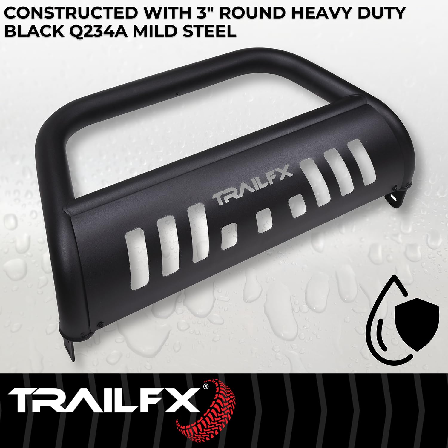 Bull Bar Trailfx B0046T, 3 Inch Diameter, Powder Coated, Titanium Black, with Skid Plate/Holes for Optional Lighting, 6-1/2 Inch Max Light/ 20 Inch Max Light Bar, Fits 2024-2025 Toyota Land Cruiser
