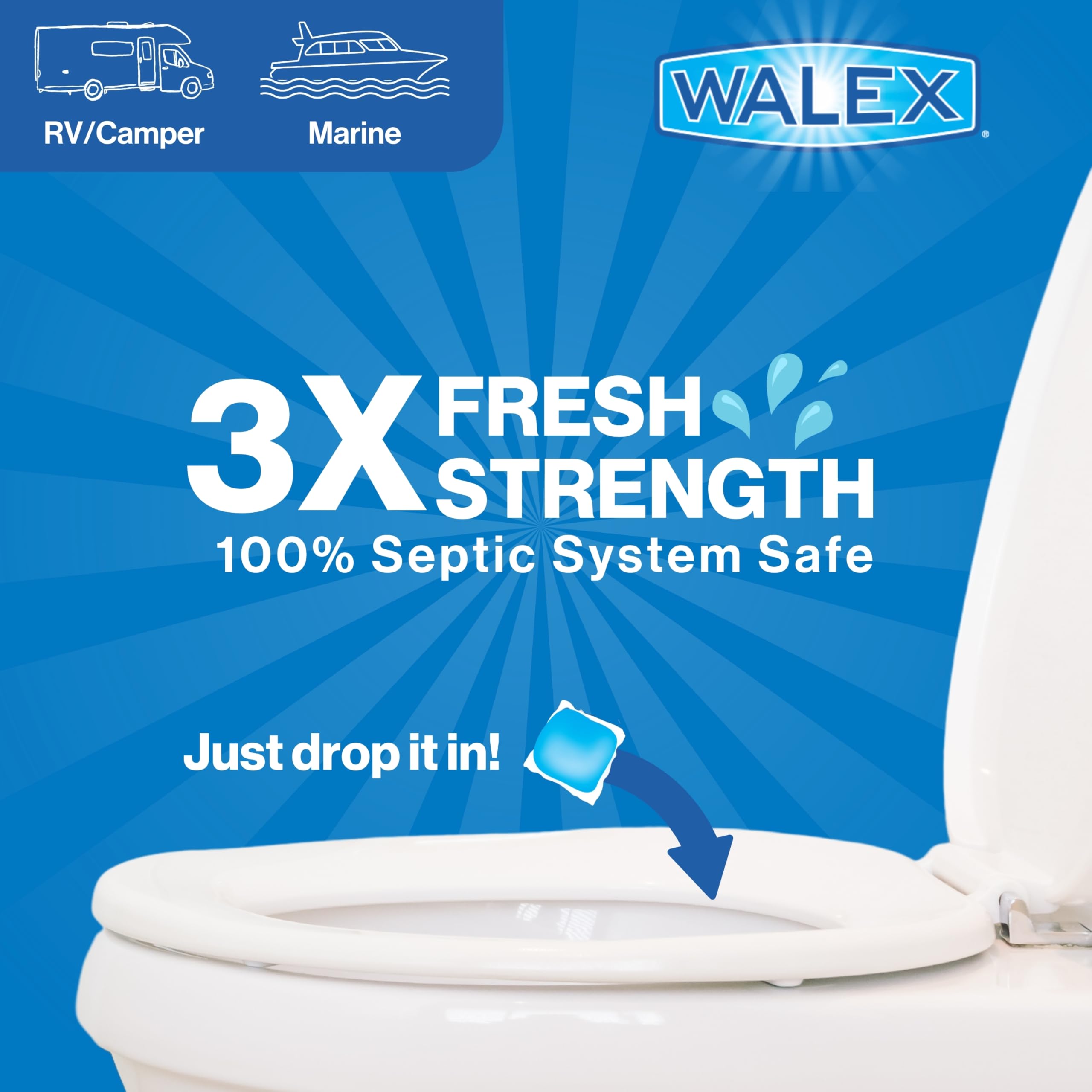 Walex RV/Marine Fresh-Pak Holding Tank Treatment - Black Water Holding Tank Deodorizer for Rapid Breakdown of Waste & Toilet Paper, Neutralizes Odors, Septic Tank Safe, Fresh Scent (Pack of 30)