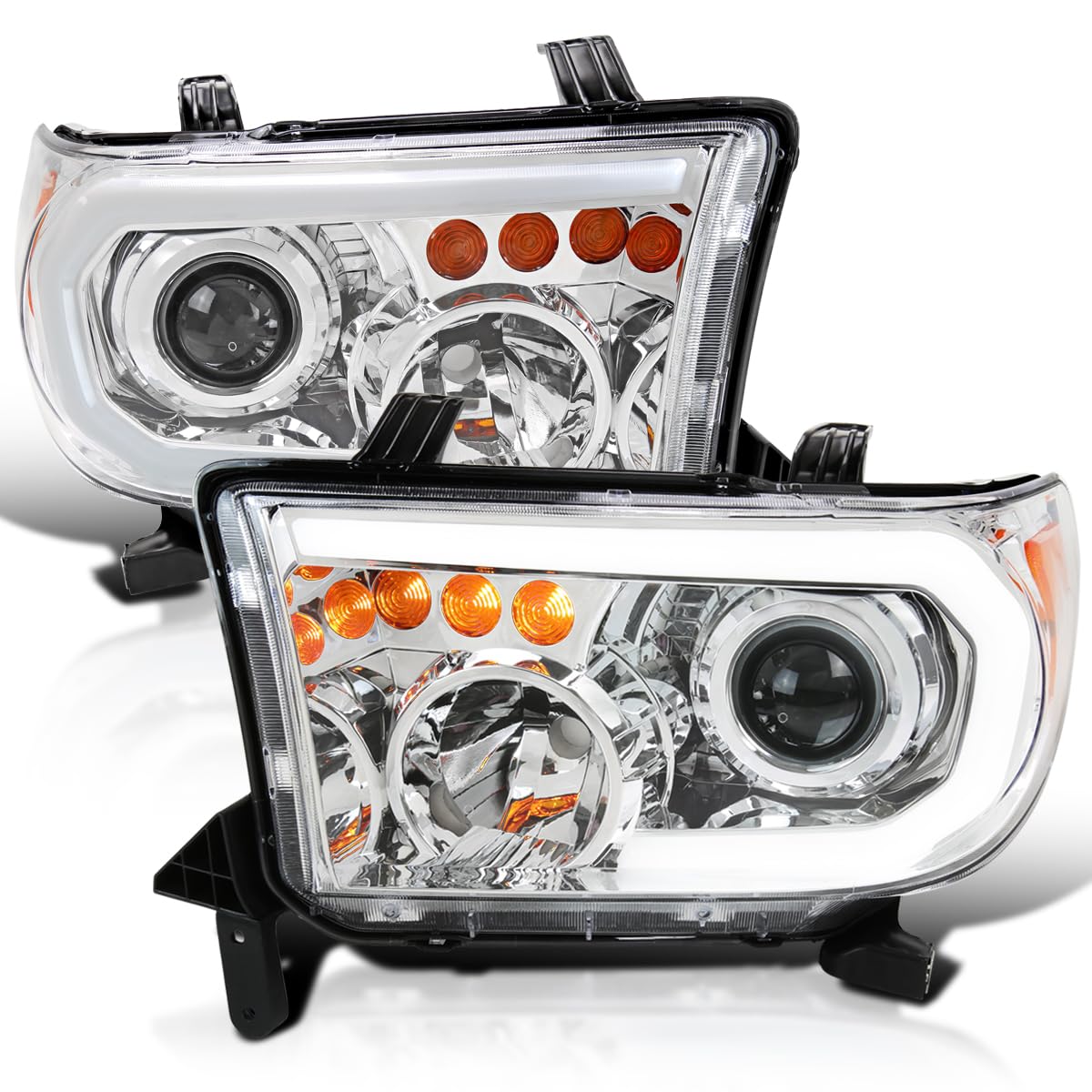 Chrome Projector Headlights w/LED Tube SPEC-D TUNING Compatible with 2007-2013 Toyota Tundra, Left + Right Pair Headlamp Assembly