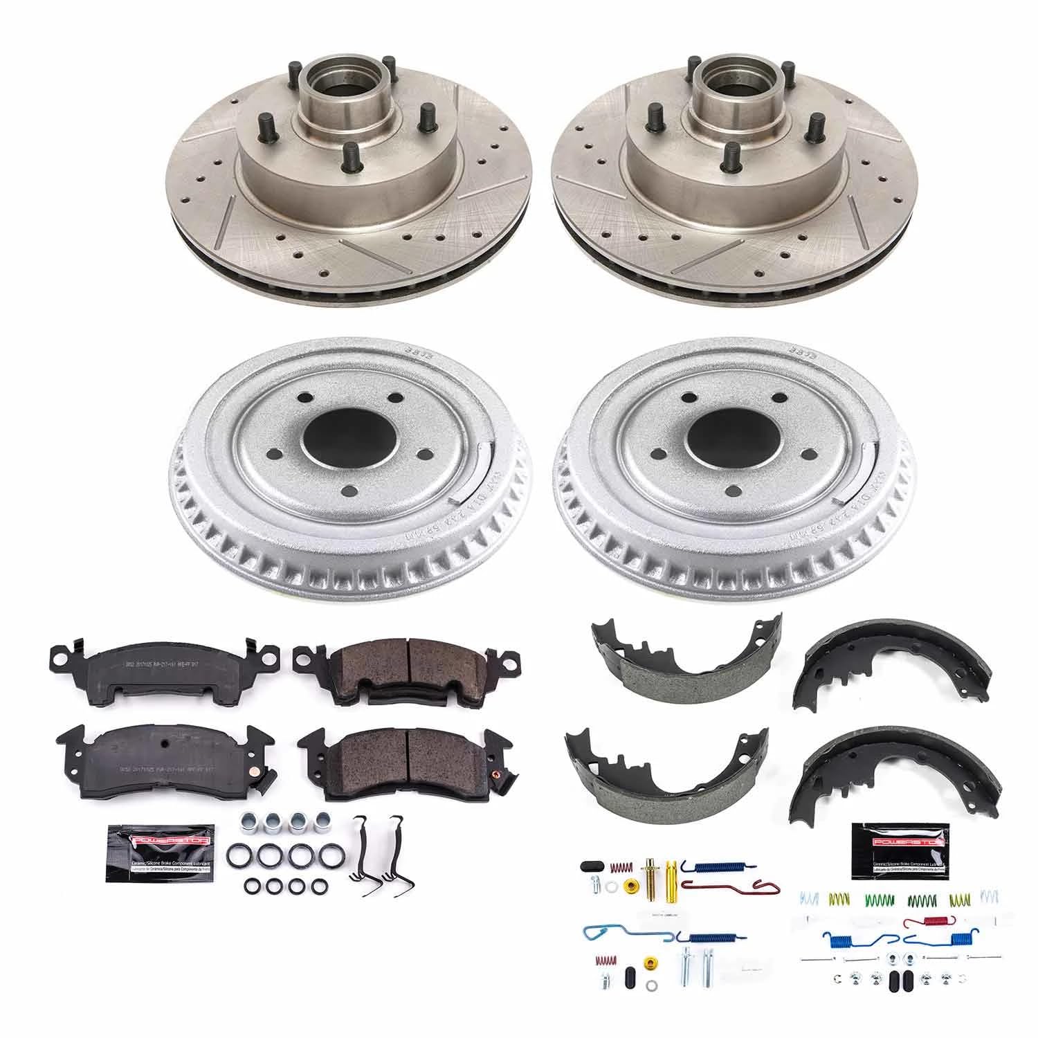 Power Stop K15020DK Z23 Brake Pads Front and Rear with Drilled Slotted Brake Drums Kit For Elec, LeSabre, Camaro, Caprice, Impala, N, 98, Delta 88, Bonneville, Catalina, Firebird [Model Specific]